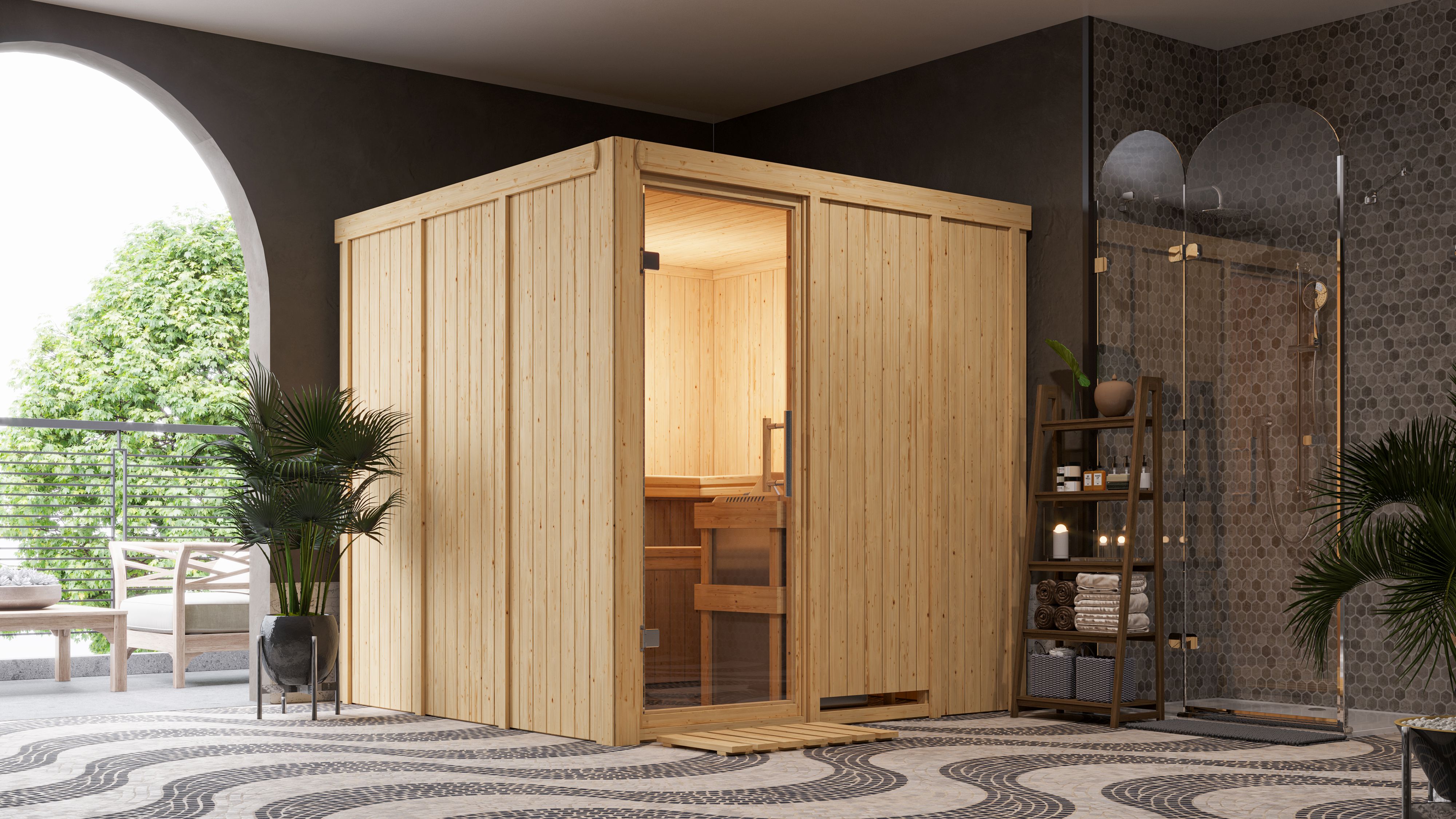 Karibu Sauna Rodin als hochwertige Sauna aus nordischer Fichte im Wohnraum-Ambiente