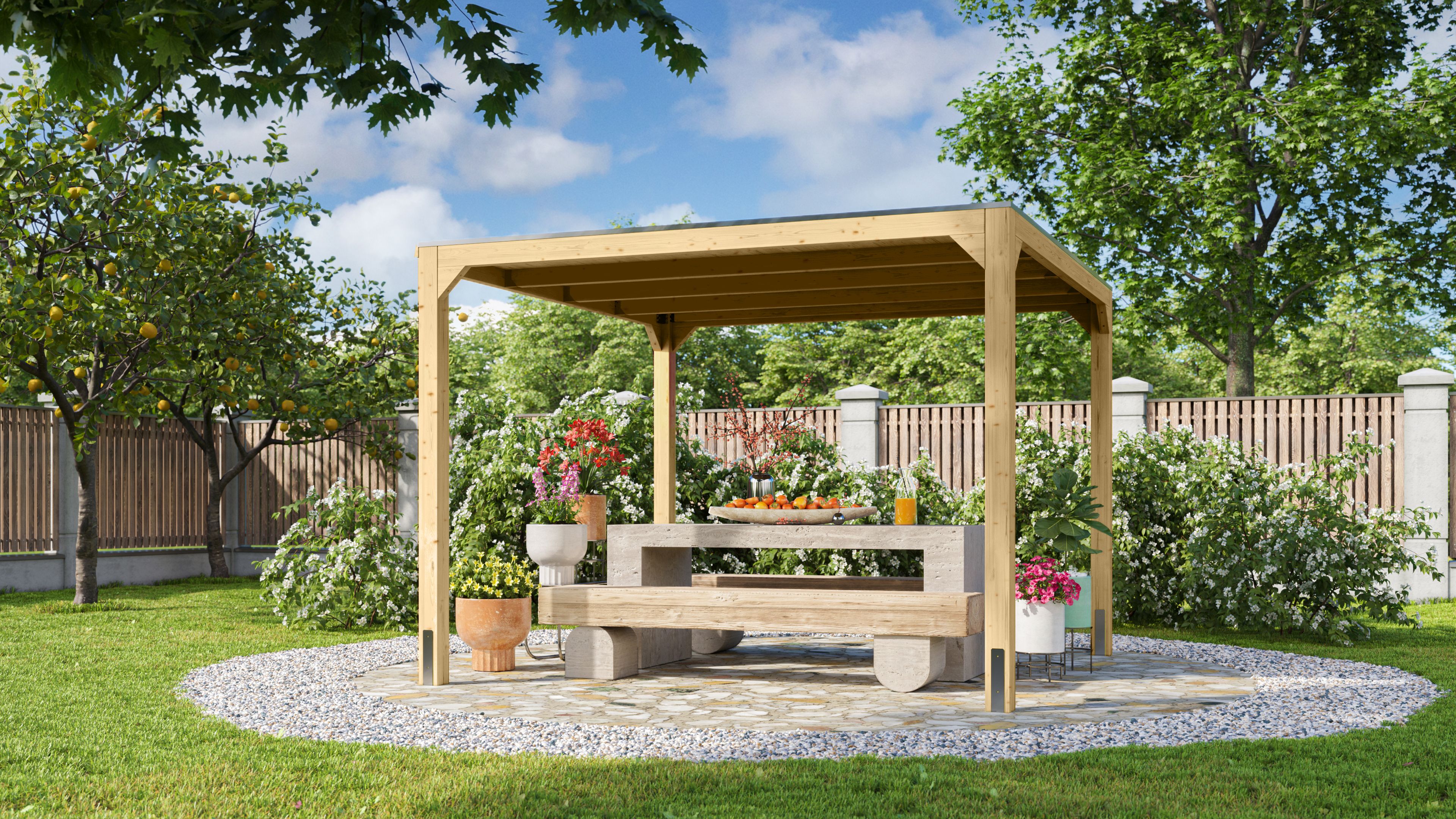 Karibu Pavillon Cubus aus Leimholz mit Flachdach im Garten als Ambiente-Ansicht