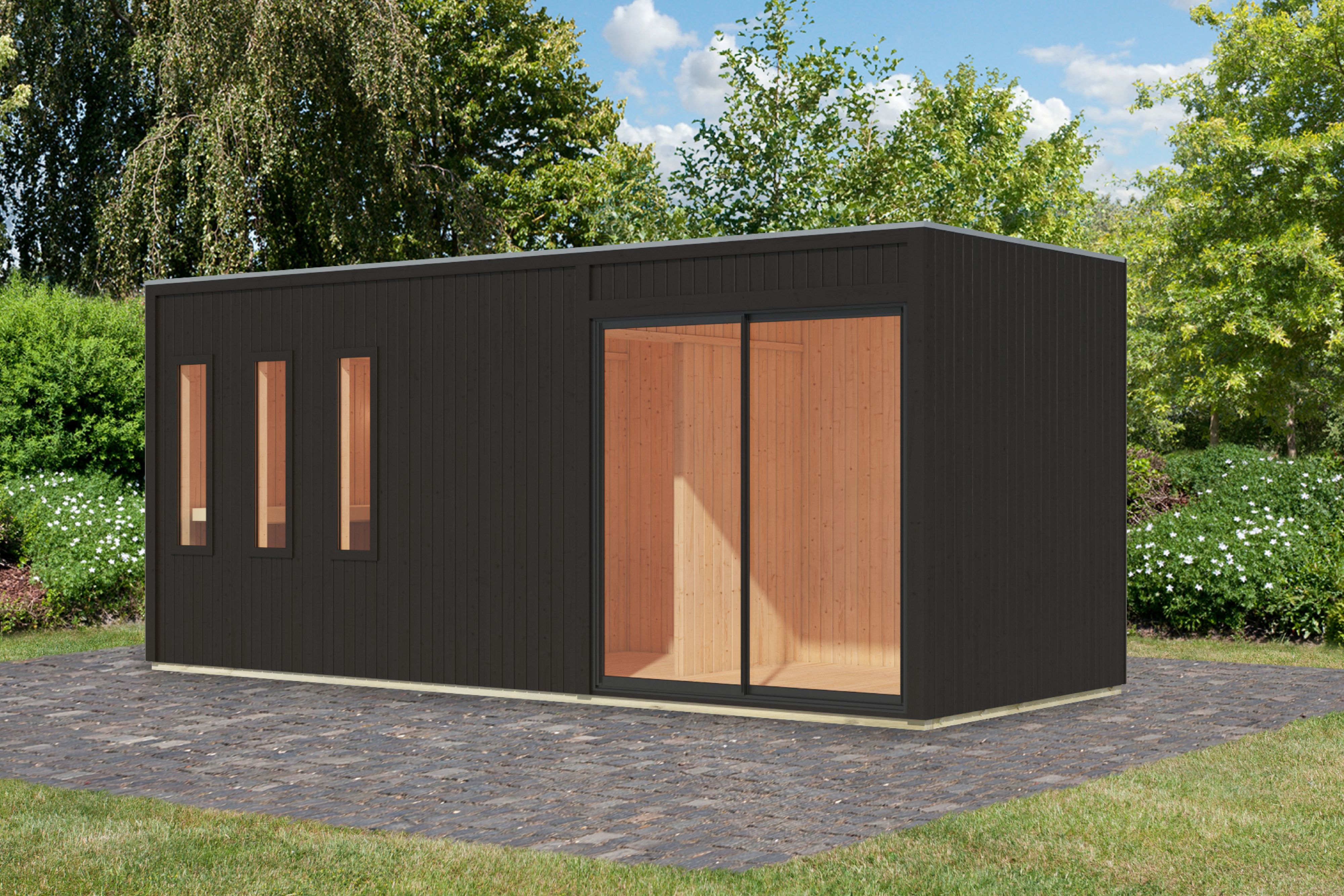 Karibu Saunahaus Monterey als Gartensauna aus Massivholz im Garten mit Glasfront