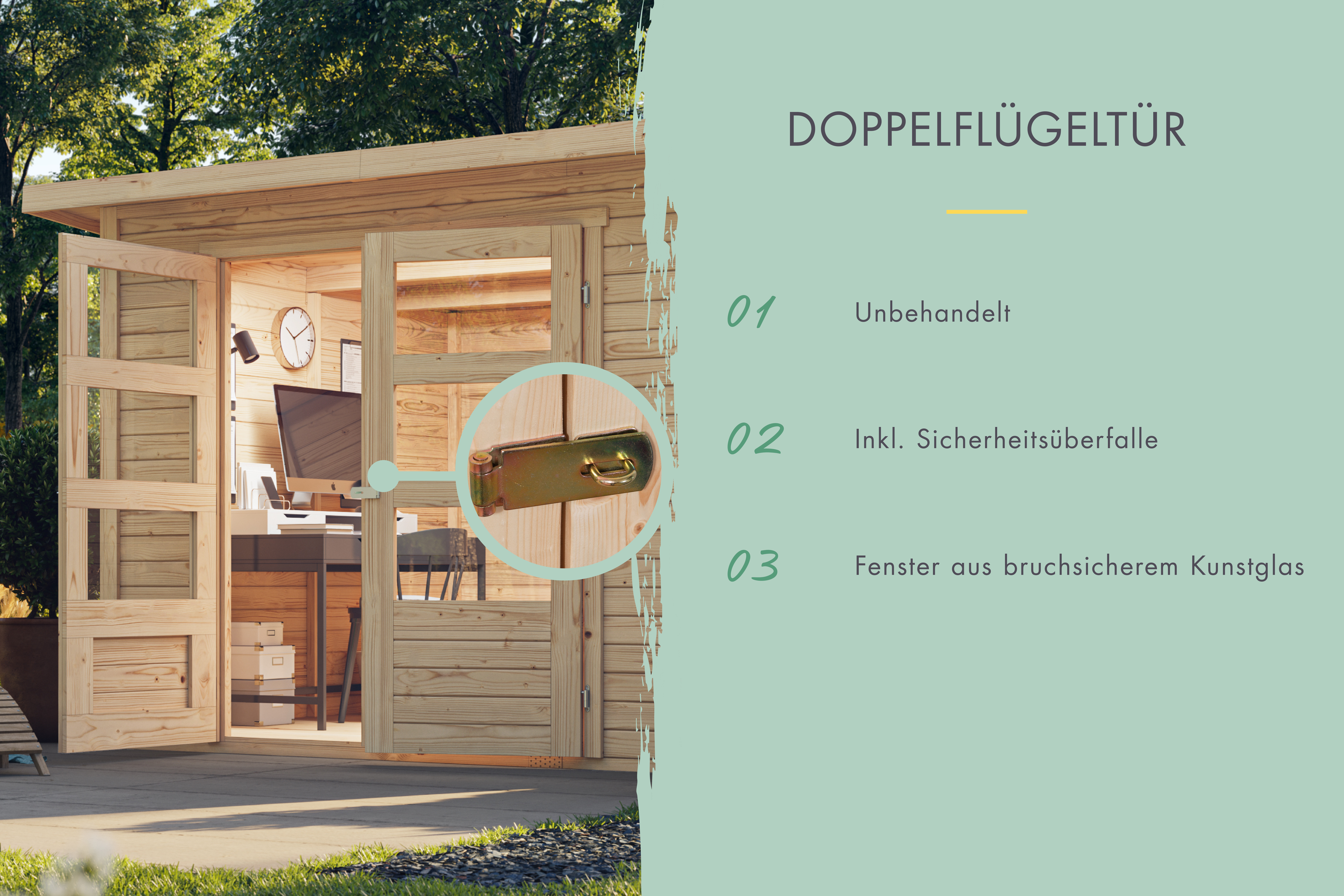 Doppelflügeltür des Karibu großes Gerätehaus Retola 5 mit Zylinderschloss und Kunstglas