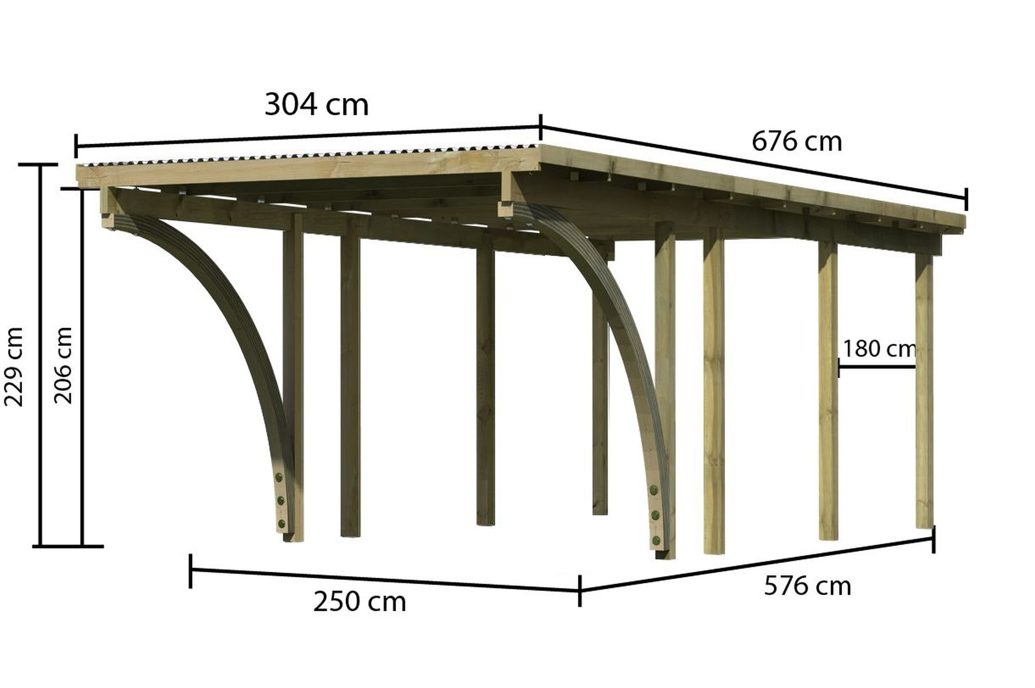 Maßzeichnung des Karibu Einzelcarport BASIC 2 mit Dachmaß 304 × 676 cm und Durchfahrtshöhe 206 cm