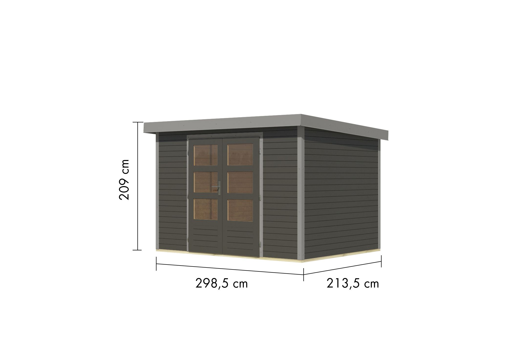 Bemaßte Maßzeichnung des Karibu Gartenhaus Holz & Metall Jupiter 4, 299 × 214 cm