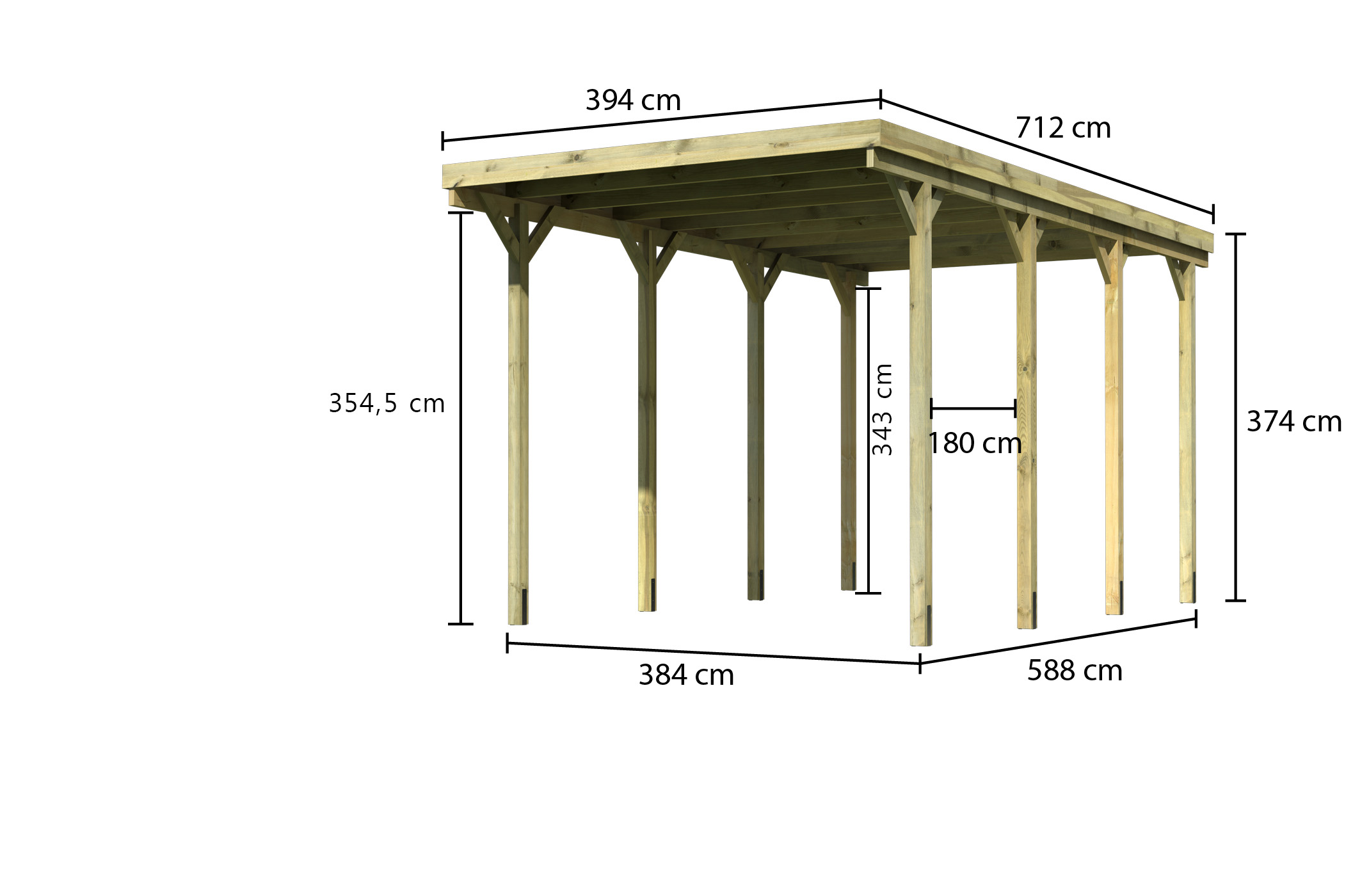 Maßzeichnung des Karibu Caravan Carport mit Dachmaß 394 × 712 cm und Durchfahrtshöhe 350 cm