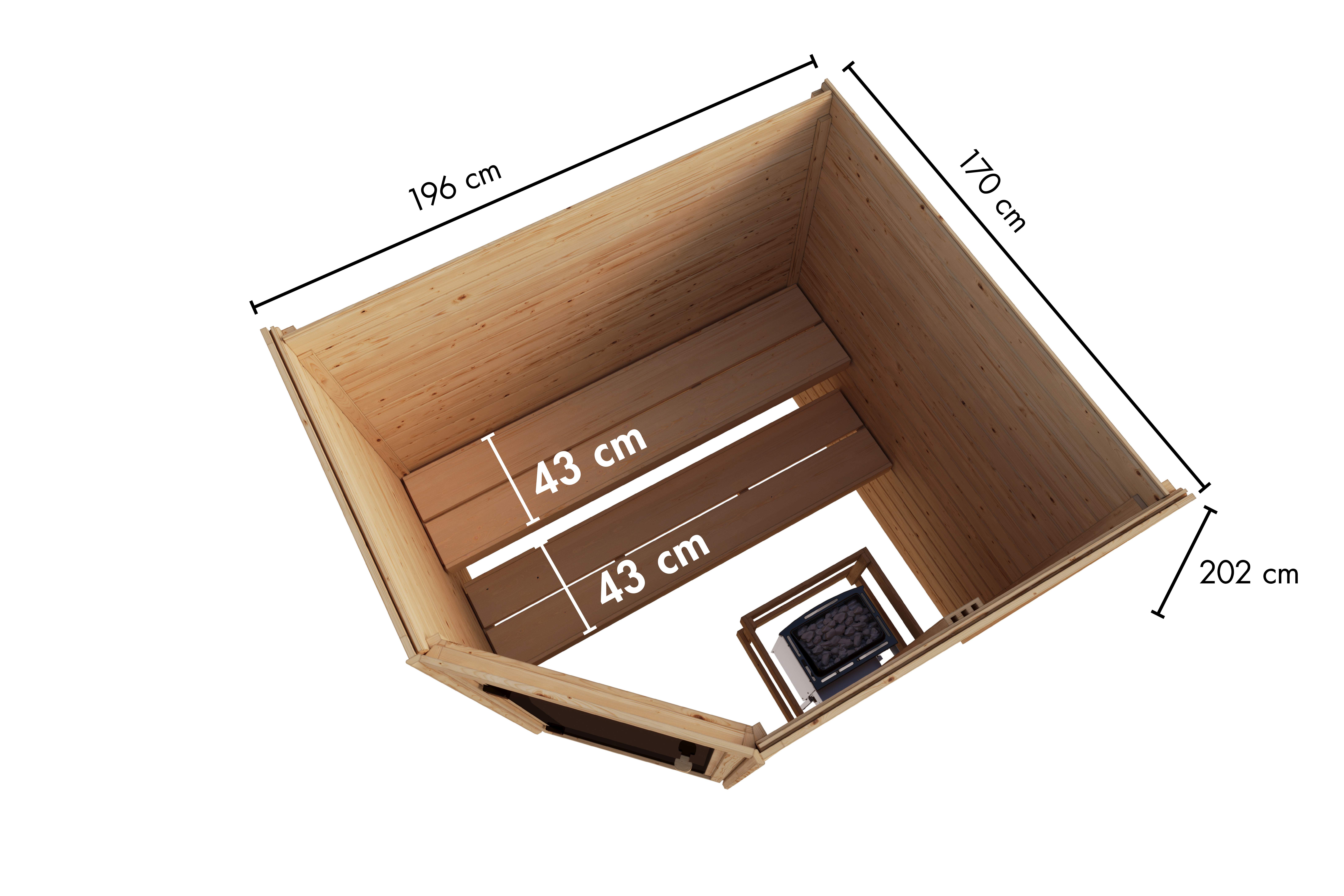 Maßzeichnung der Karibu Sauna Ina mit Außenmaß 196 × 170 cm und Höhe 202 cm