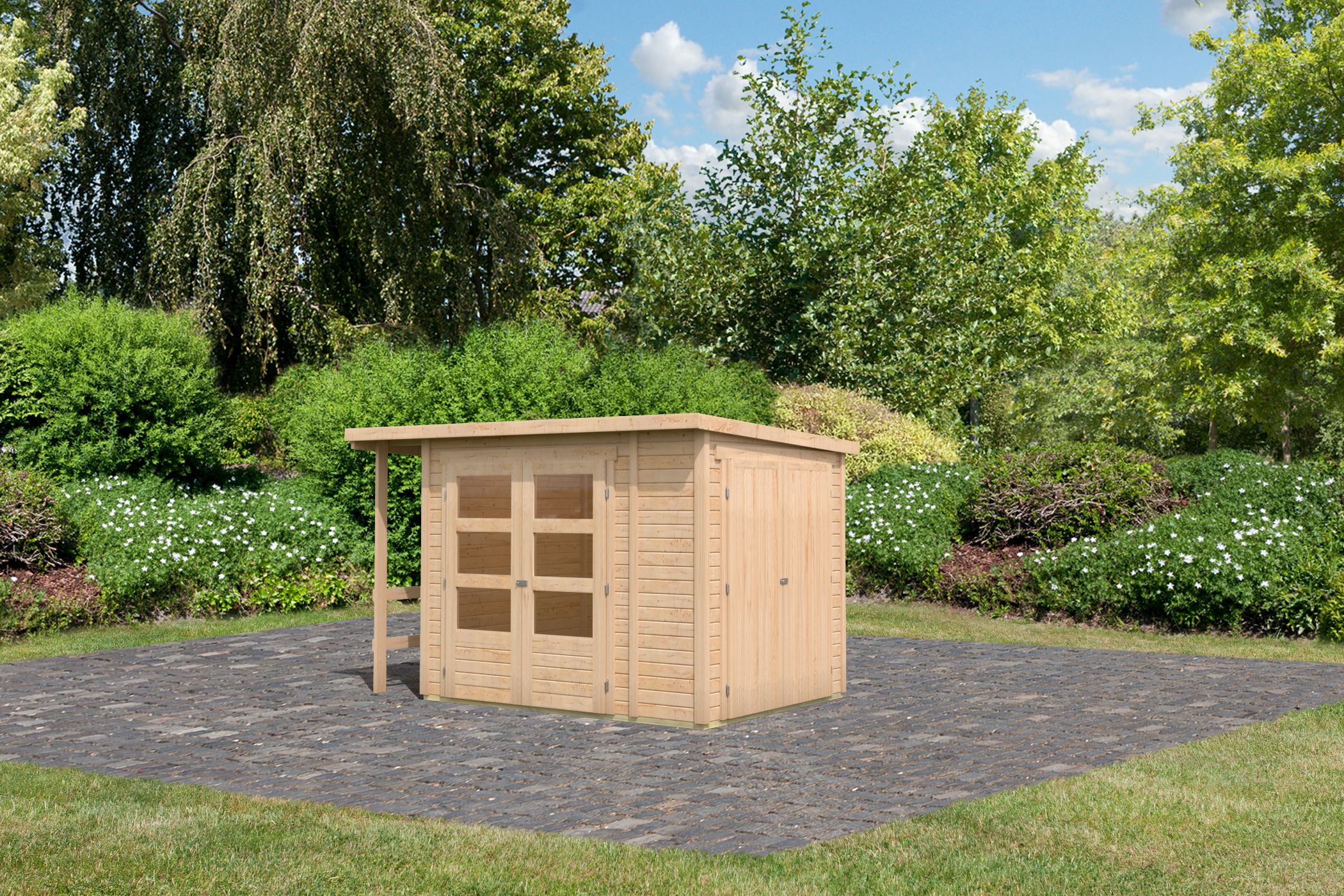 Karibu Gerätehaus Multifunktionshaus Pultdach 19mm in Naturbelassen, Außenansicht