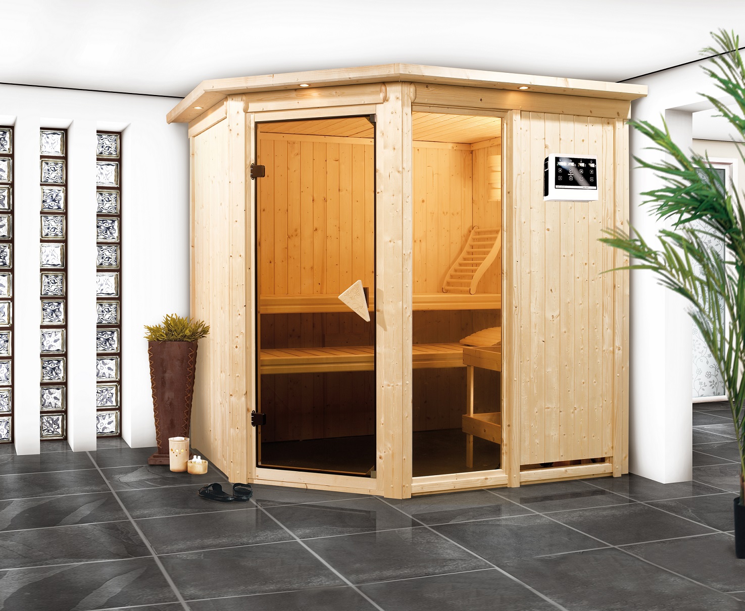 Karibu Sauna Fiona 1 als stimmungsvoller Wellnessbereich in einem modern eingerichteten Wohnraum