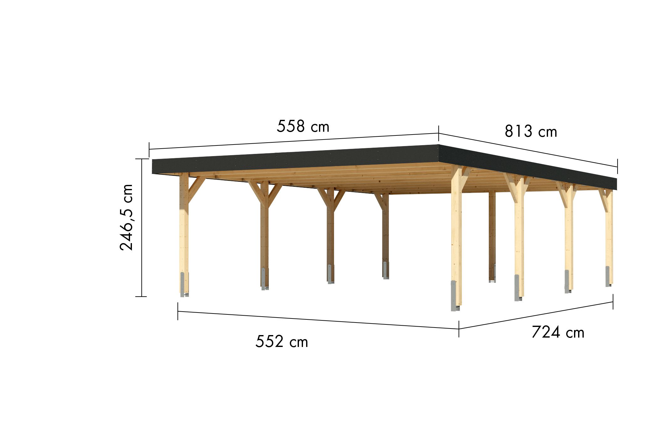 Maßzeichnung des Karibu Doppelcarport Leimholz 2 mit Dachmaß 558 × 813 cm und Durchfahrtshöhe 219 cm