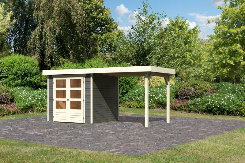 Karibu Gerätehaus Askola 2 in Terragrau und Anbaudach, Außenansicht