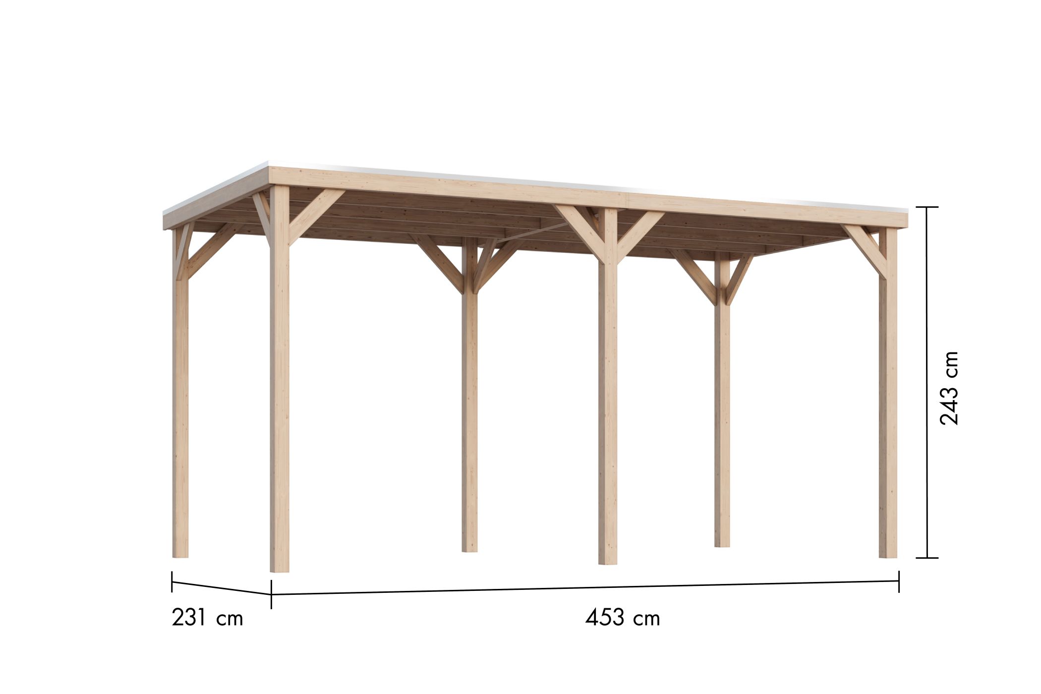 Maßzeichnung des Karibu Cubeco Pavillon im mit Dachmaß 464 × 242 cm und Firsthöhe 243 cm
