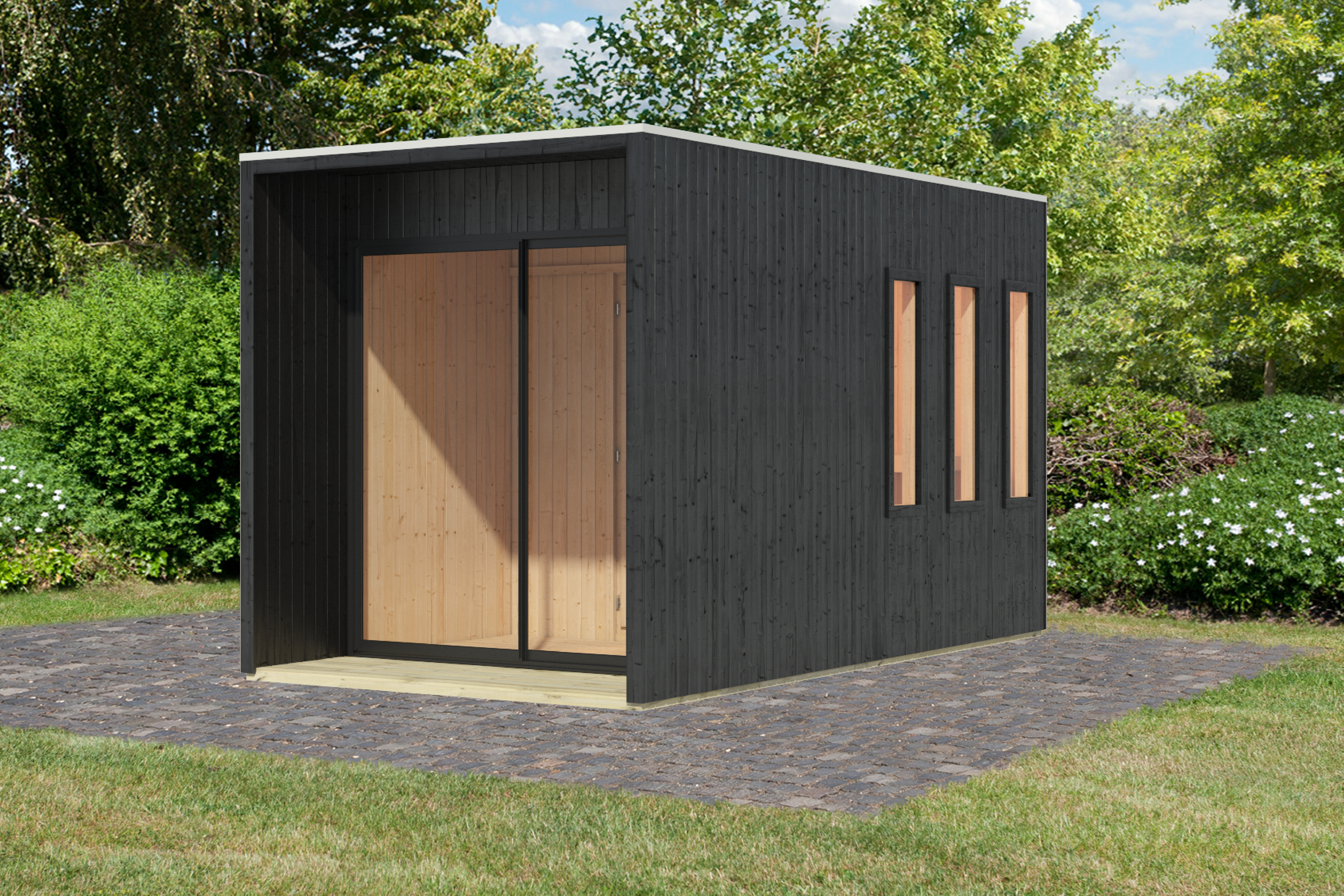 Karibu Saunahaus Miramar als Gartensauna aus Massivholz im Garten mit Glasfront