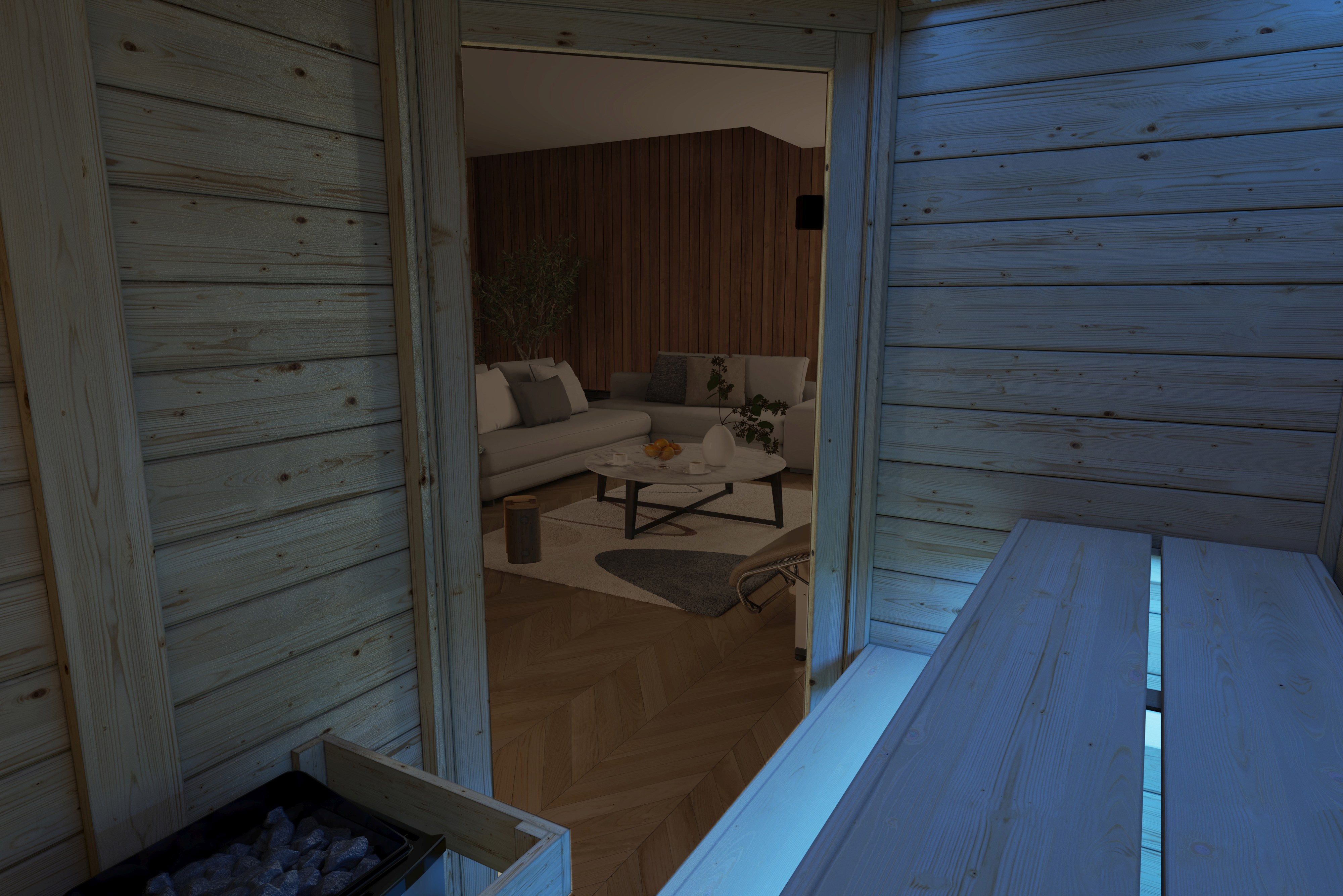Karibu Sauna Eda als stimmungsvoller Wellnessbereich in einem modern eingerichteten Wohnraum
