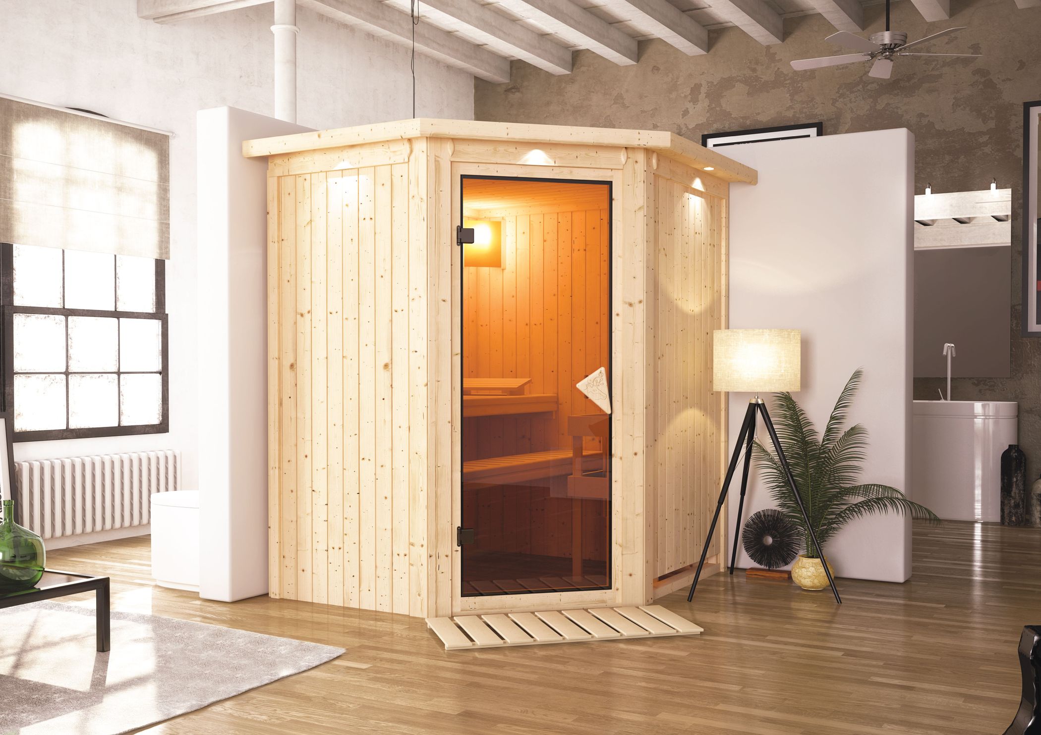 Karibu Sauna Tonja als hochwertige Sauna aus nordischer Fichte im Wohnraum-Ambiente