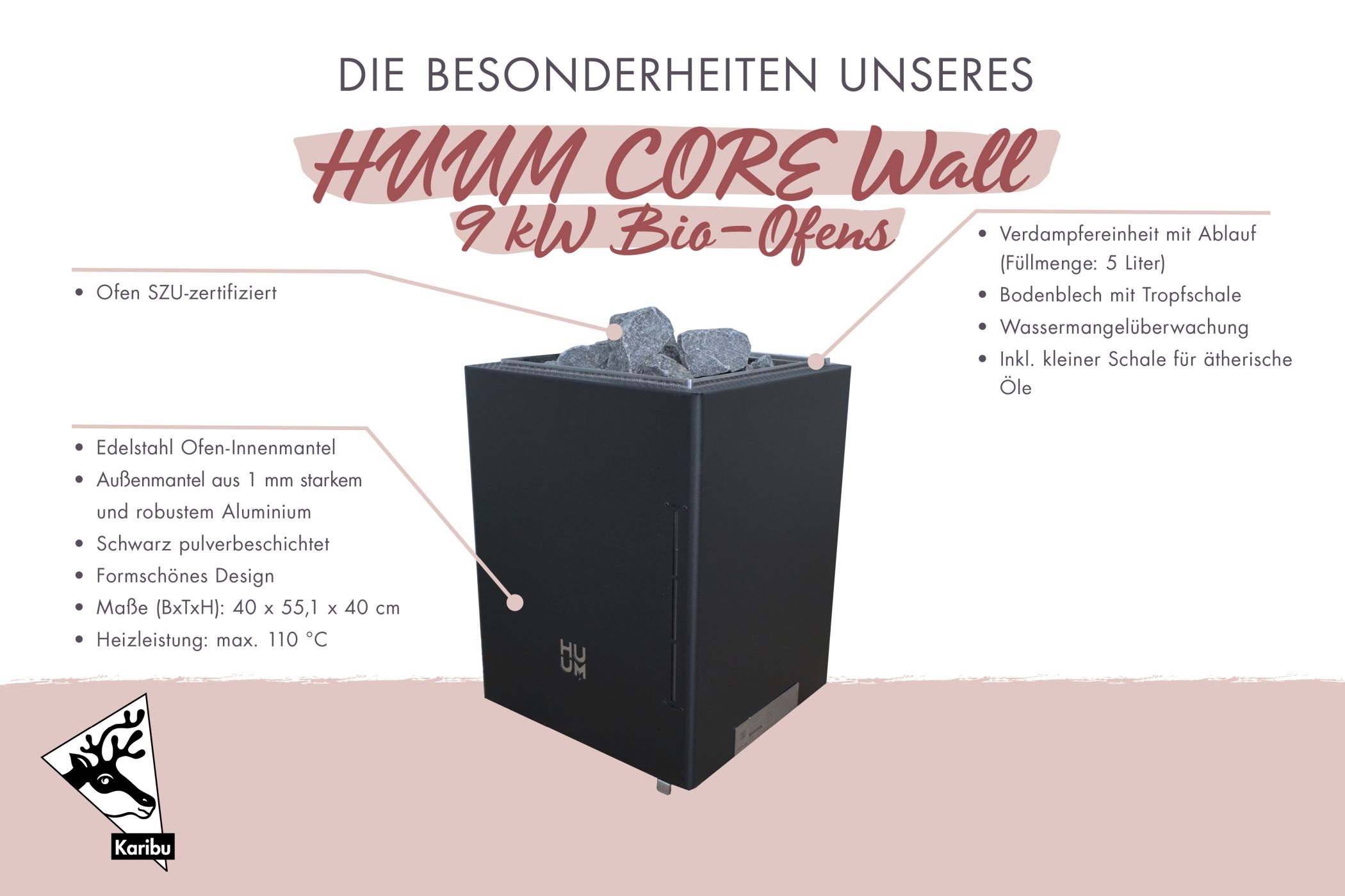 Karibu PREMIUM Saunaofen HUUM CORE Wall COMBI 9 kW BIO-Ofen aus Holz, im Garten aufgebaut