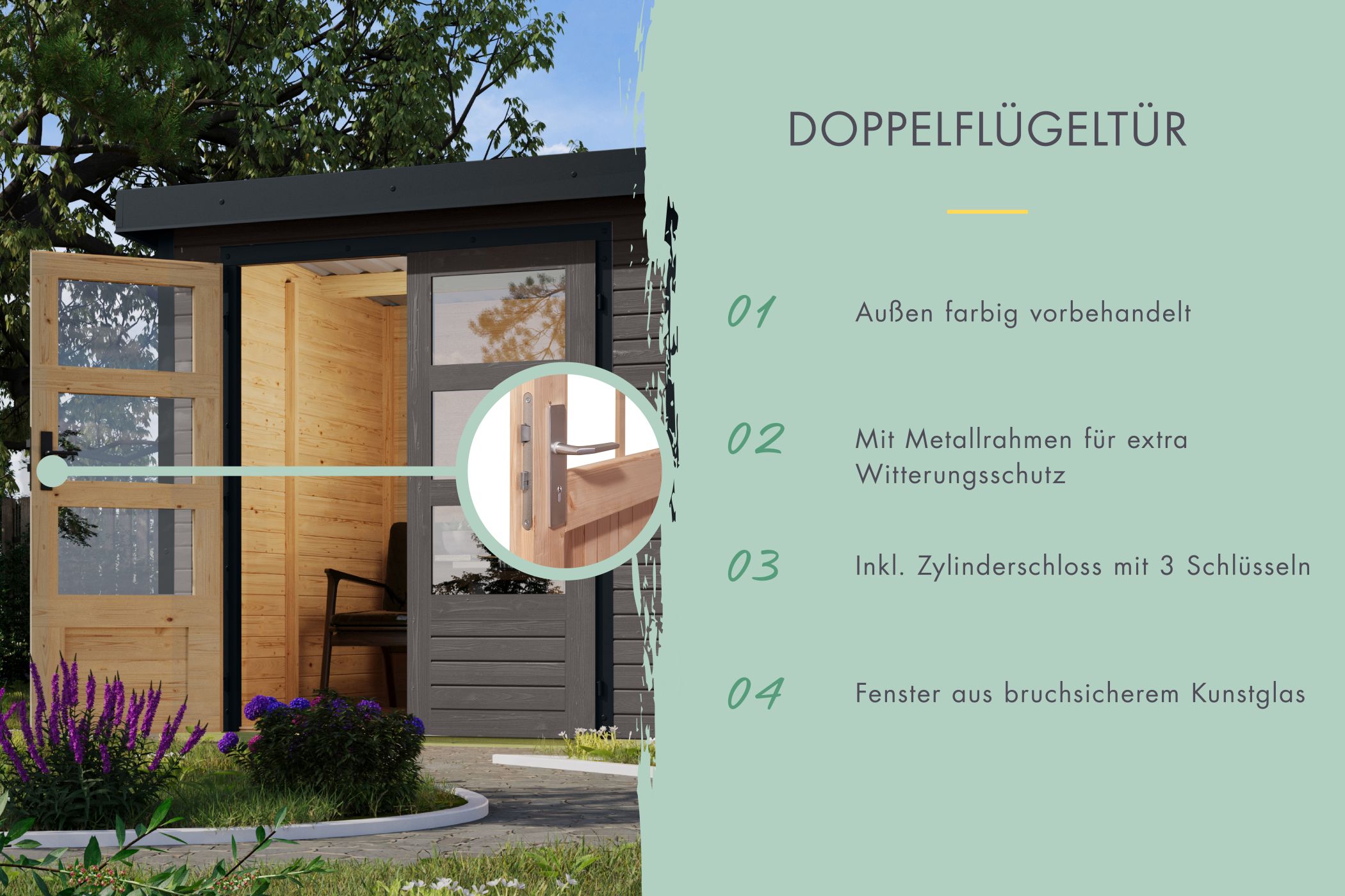 Doppelflügeltür des Karibu Gartenhaus Holz & Metall Jupiter 3 mit Zylinderschloss und Kunstglas
