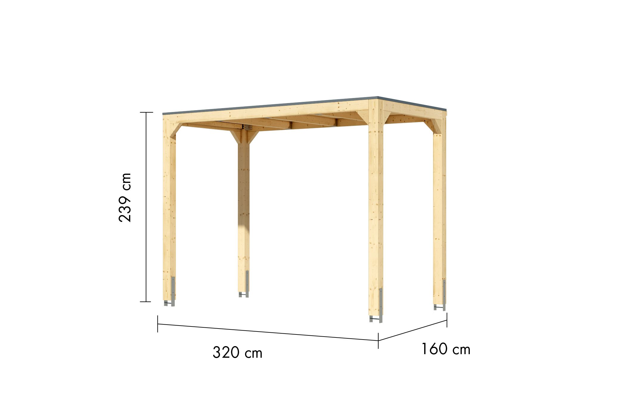 Maßzeichnung des Karibu Grillpavillon mit Dachmaß 320 × 160 cm und Firsthöhe 239 cm
