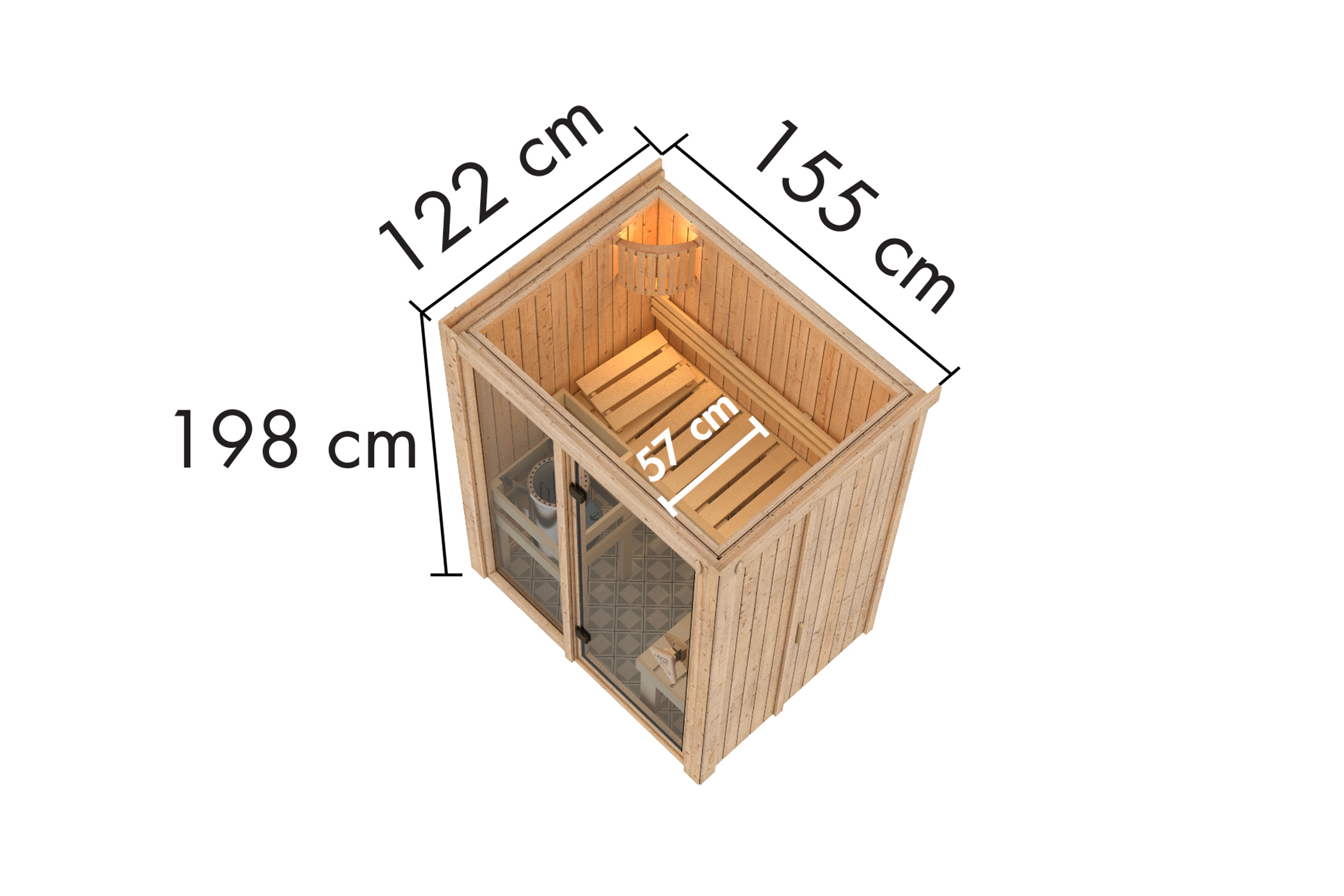 Maßzeichnung der Karibu Sauna Avari 1 mit Außenmaß 155 × 122 cm und Höhe 198 cm