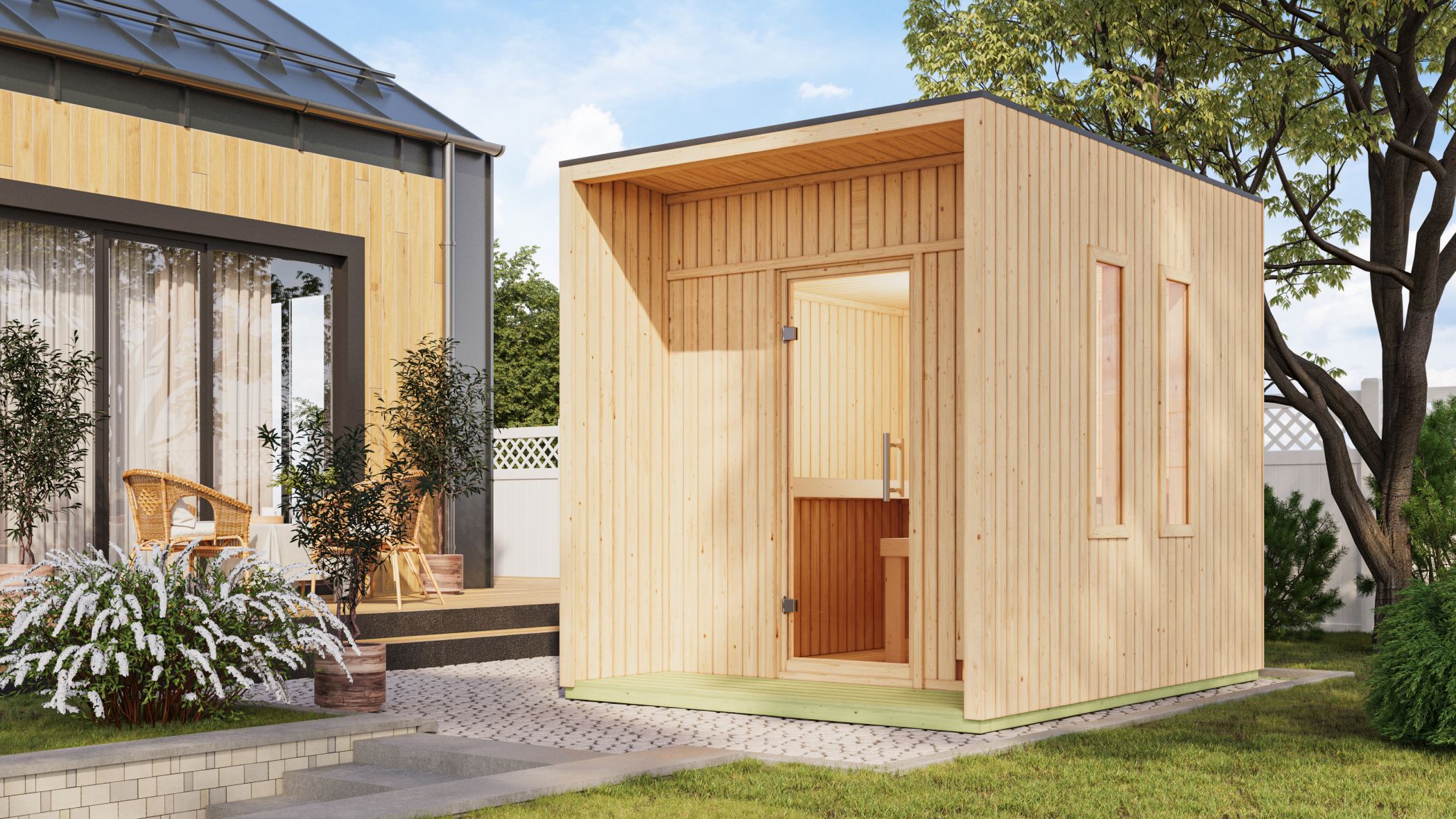 Karibu Saunahaus Laguna als Gartensauna aus Massivholz im Garten mit Glasfront
