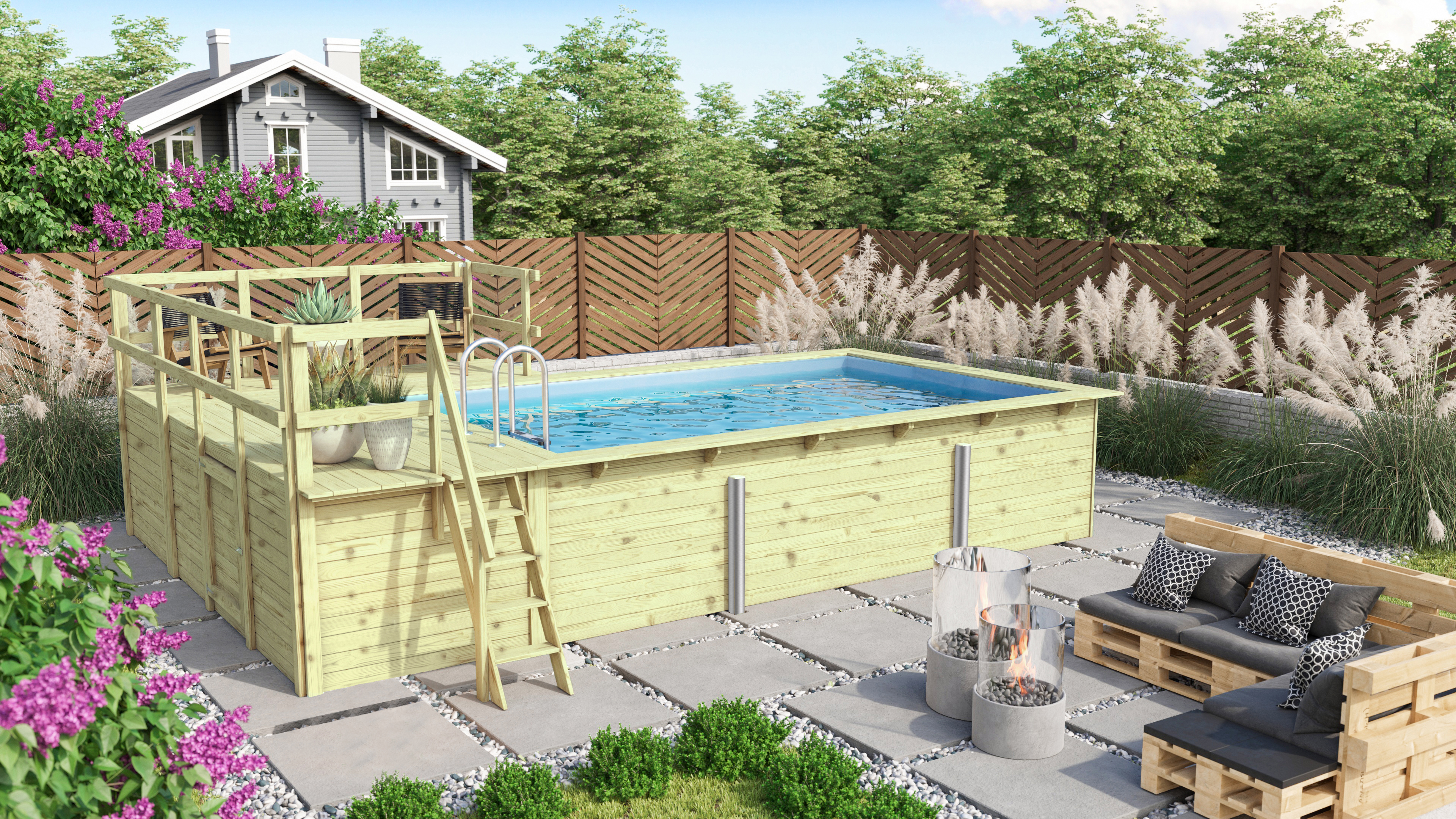 Karibu Rechteck Pool 3 mit Anbaudach im Garten