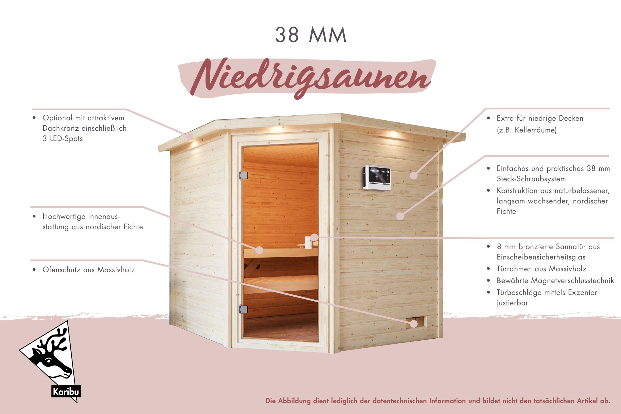 Außenansicht der Karibu Sauna Tabea aus nordischer Fichte mit Ganzglastür und Fronteinstieg