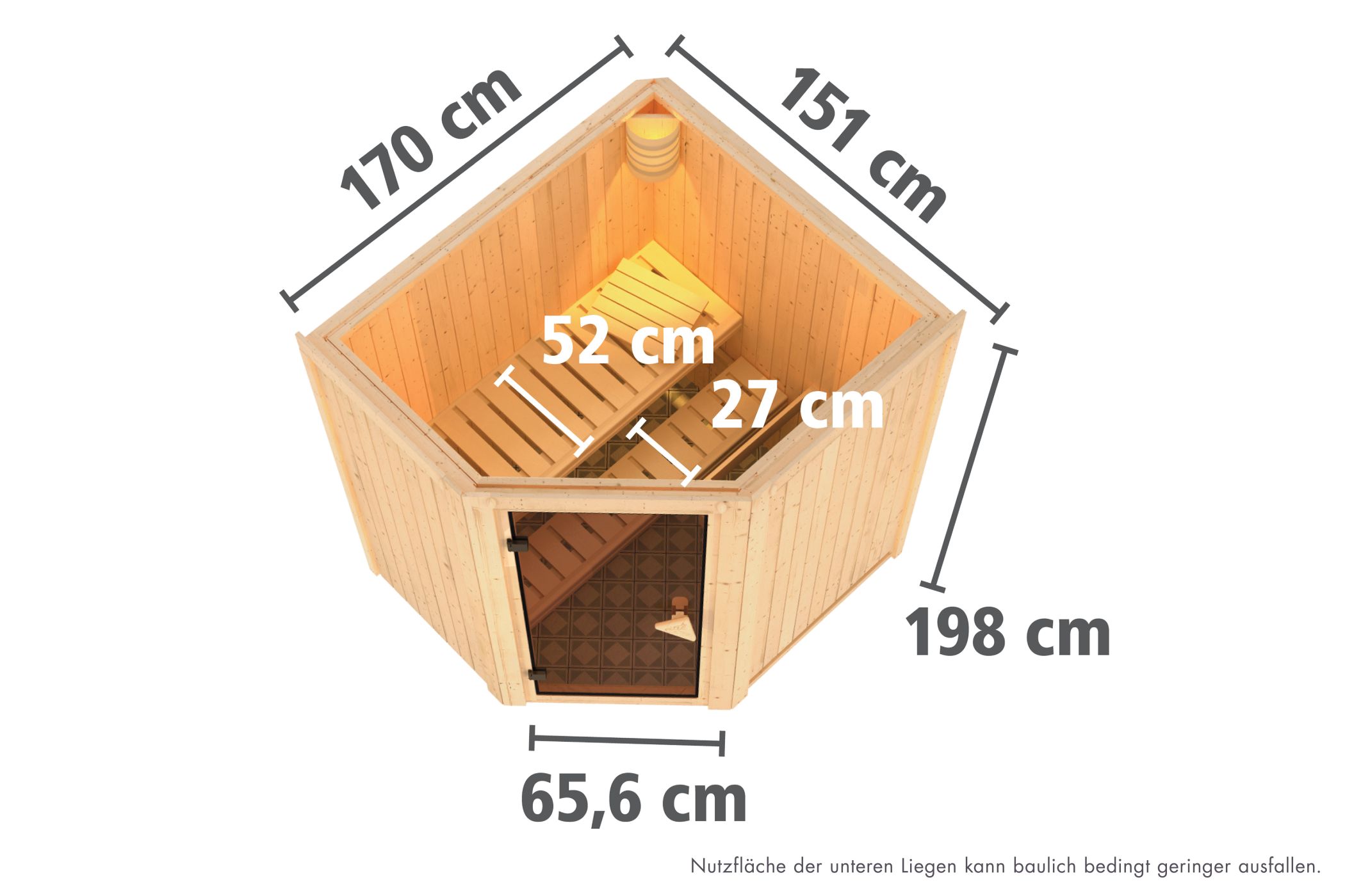 Maßzeichnung der Karibu Sauna Tonja mit Außenmaß 170 × 151 cm und Höhe 198 cm