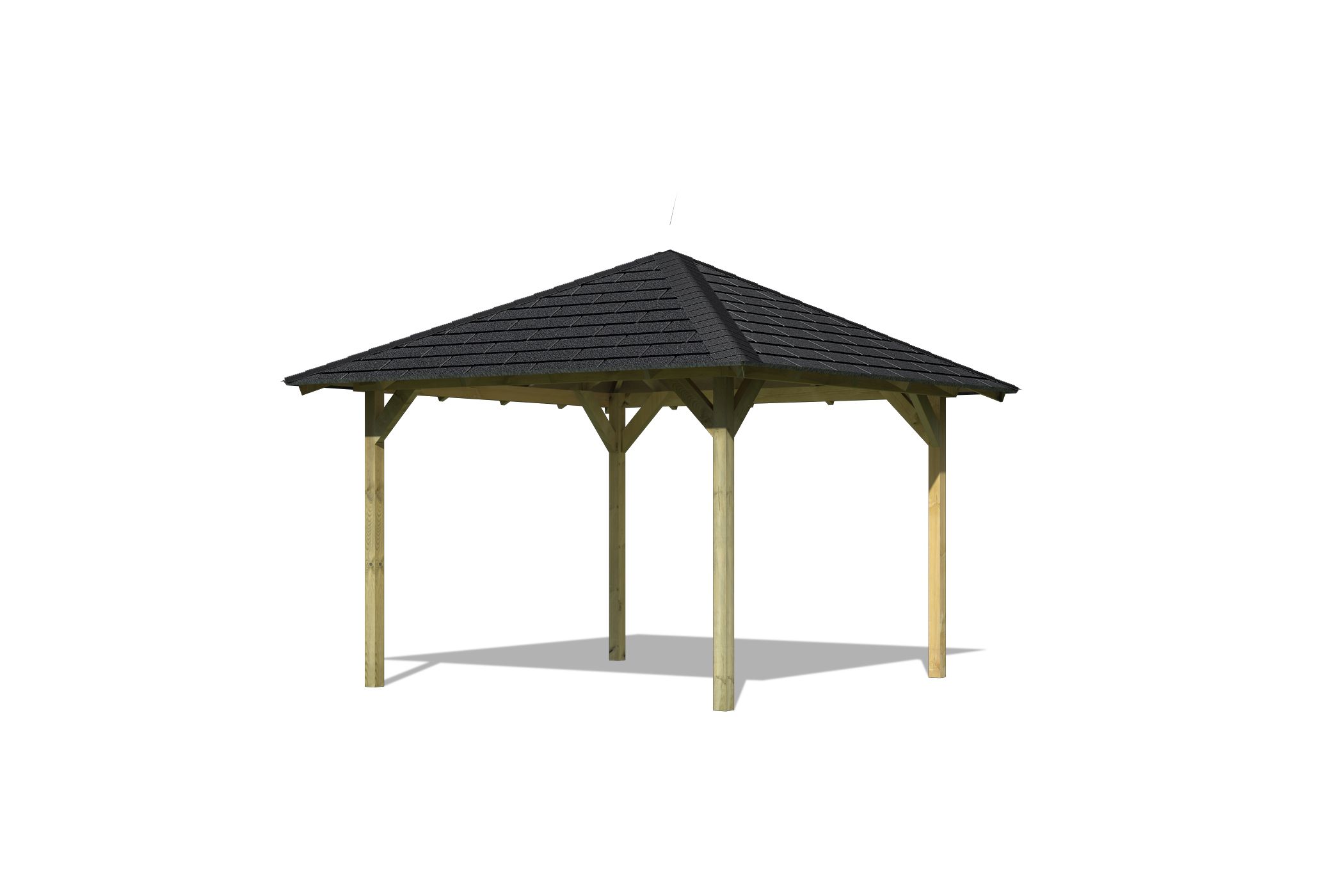 Freistellende Außenansicht des Karibu Pavillon Cordoba aus KDI-Massivholz mit Walmdach