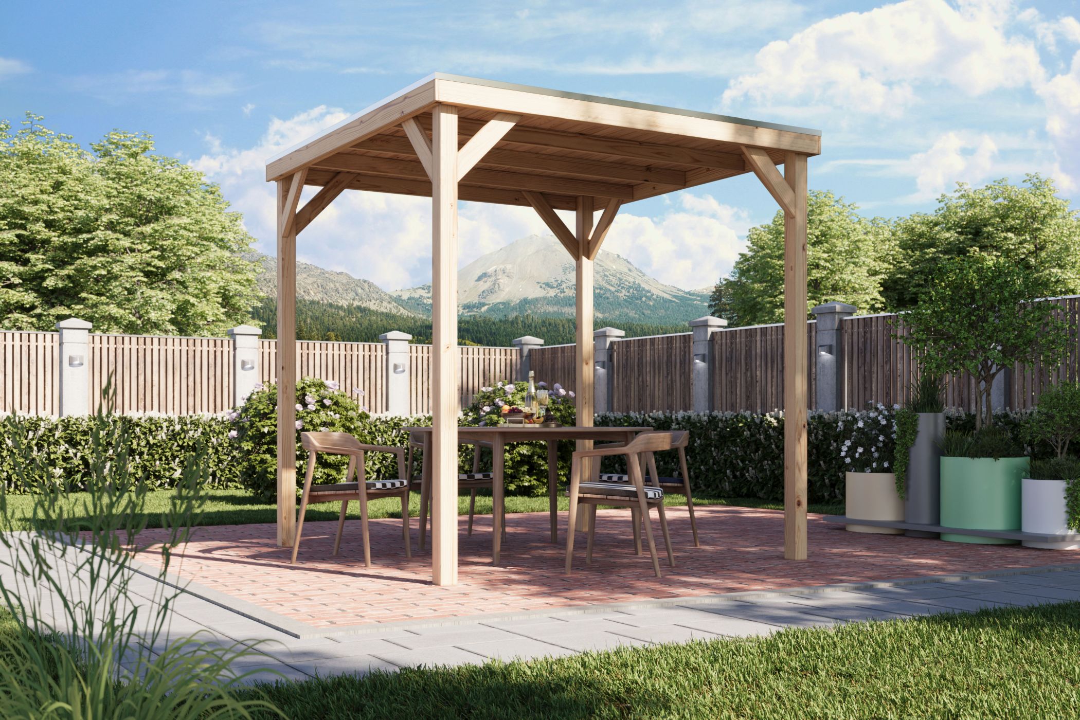 Karibu Cubeco Pavillon aus Leimholz mit Flachdach im Garten als Ambiente-Ansicht