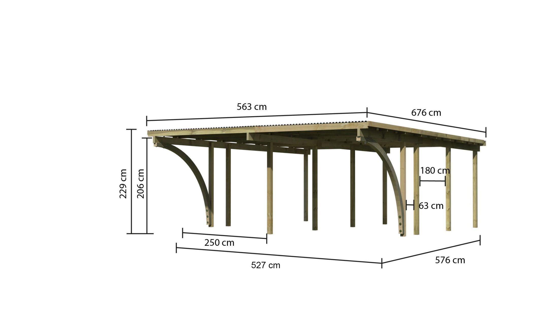 Maßzeichnung des Karibu Doppelcarport BASIC 2 mit Einfahrtsbogen, Dachmaß 563 × 676 cm und Durchfahrtshöhe 206 cm