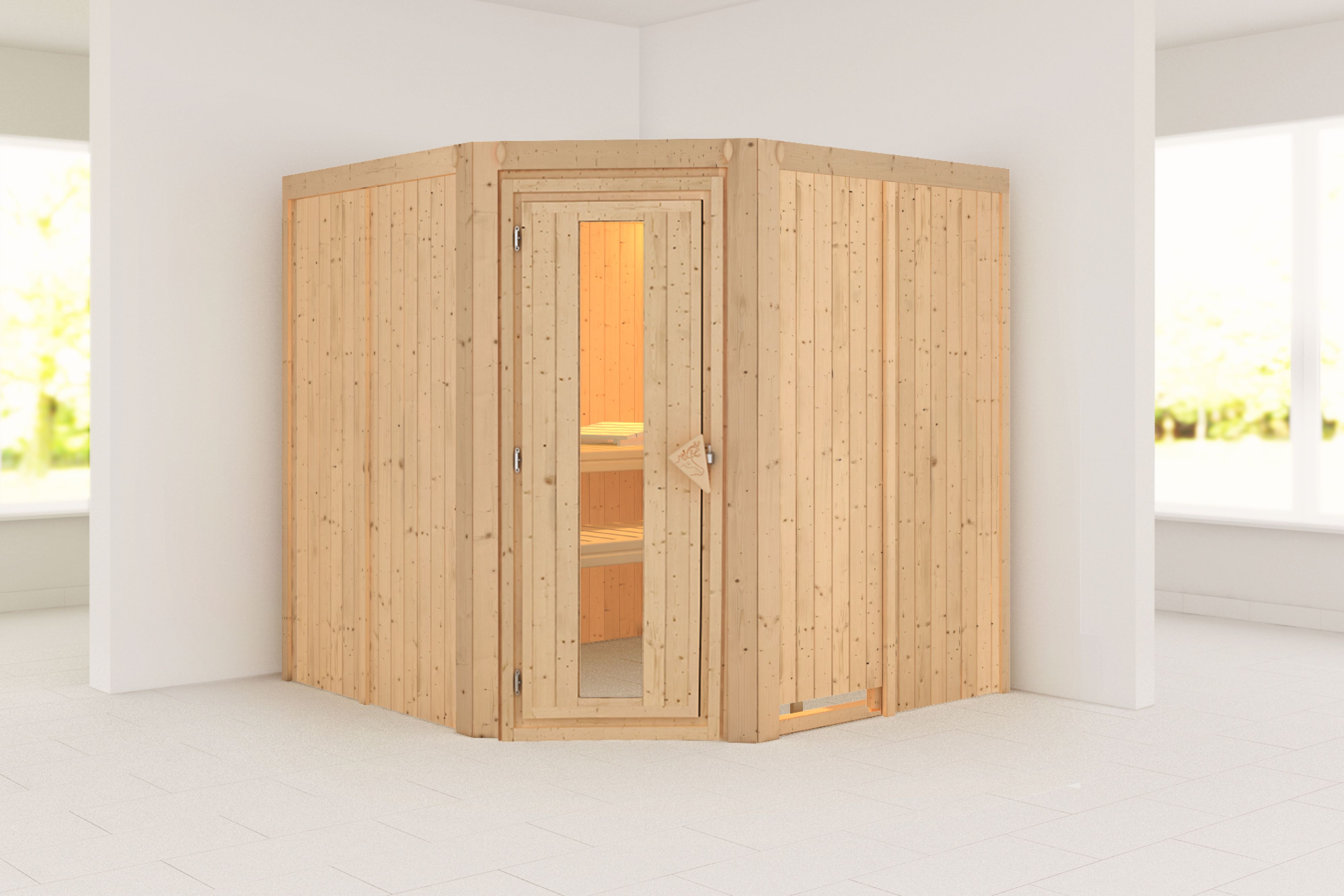 Außenansicht der Karibu Sauna Jarin aus nordischer Fichte mit isolierter Holztür und Fronteinstieg