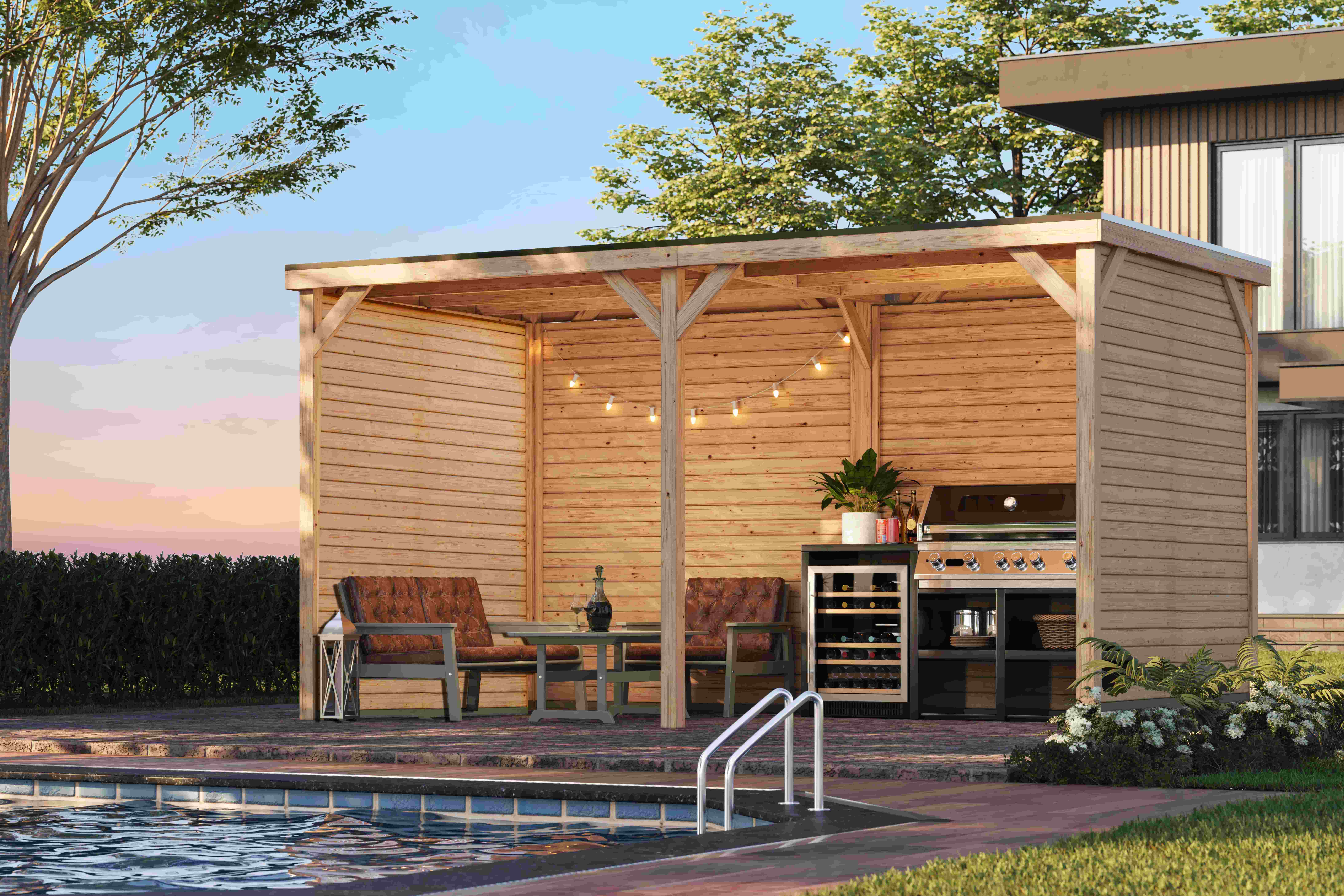 Karibu Grillpavillon aus Leimholz mit Flachdach im Garten als Ambiente-Ansicht