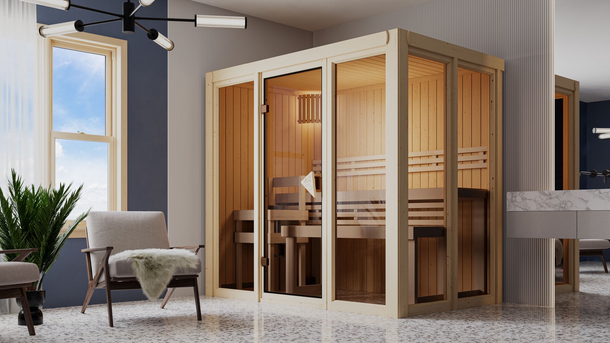 Detailansicht einer Karibu Sauna aus nordischer Fichte