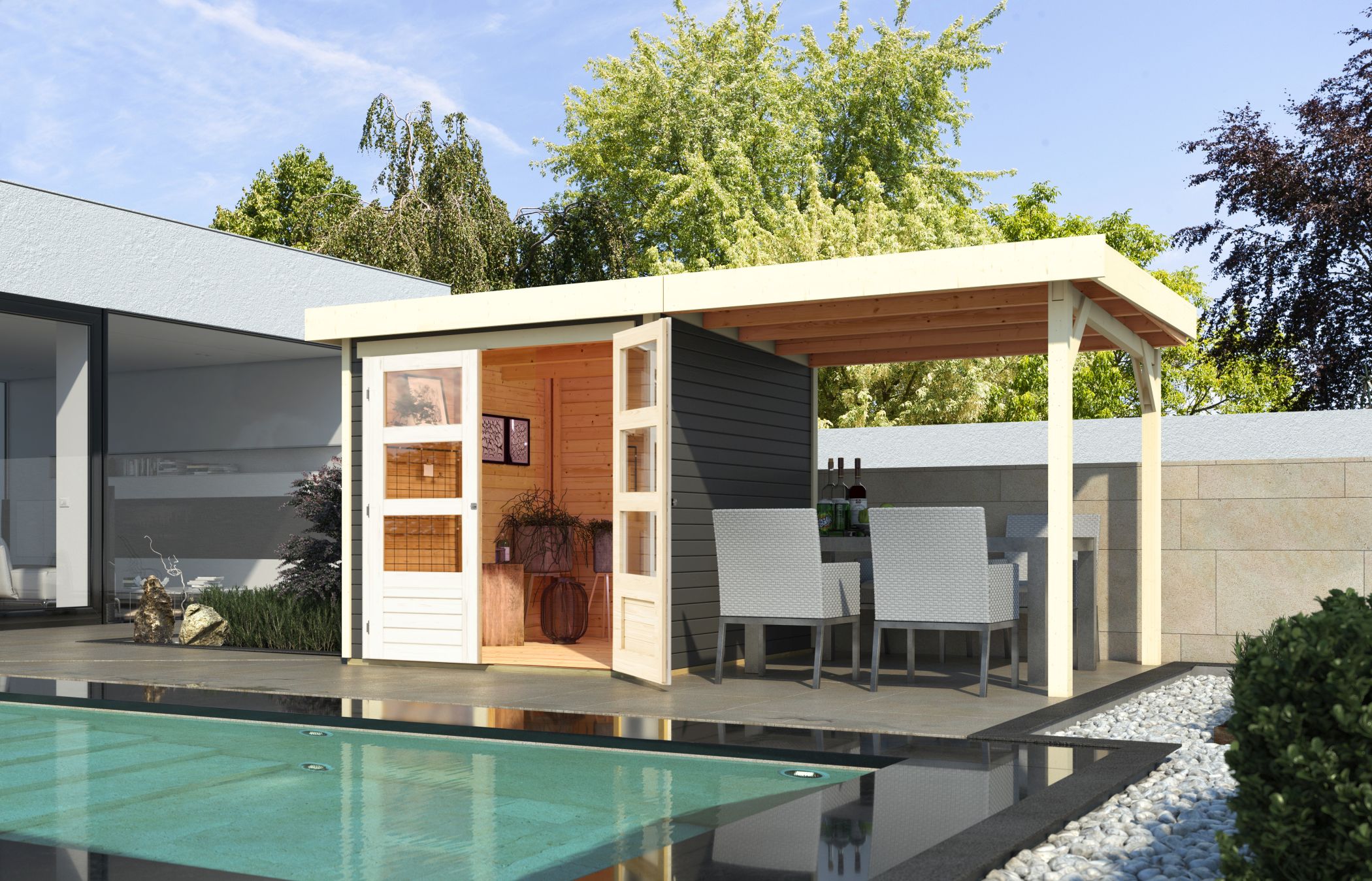 Karibu Gerätehaus Askola 2 mit Anbaudach im Garten