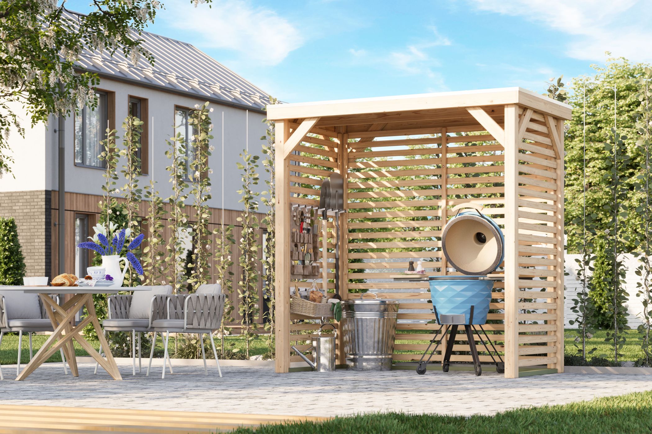 Karibu Cubeco Pavillon halb aus Leimholz mit Flachdach im Garten als Ambiente-Ansicht