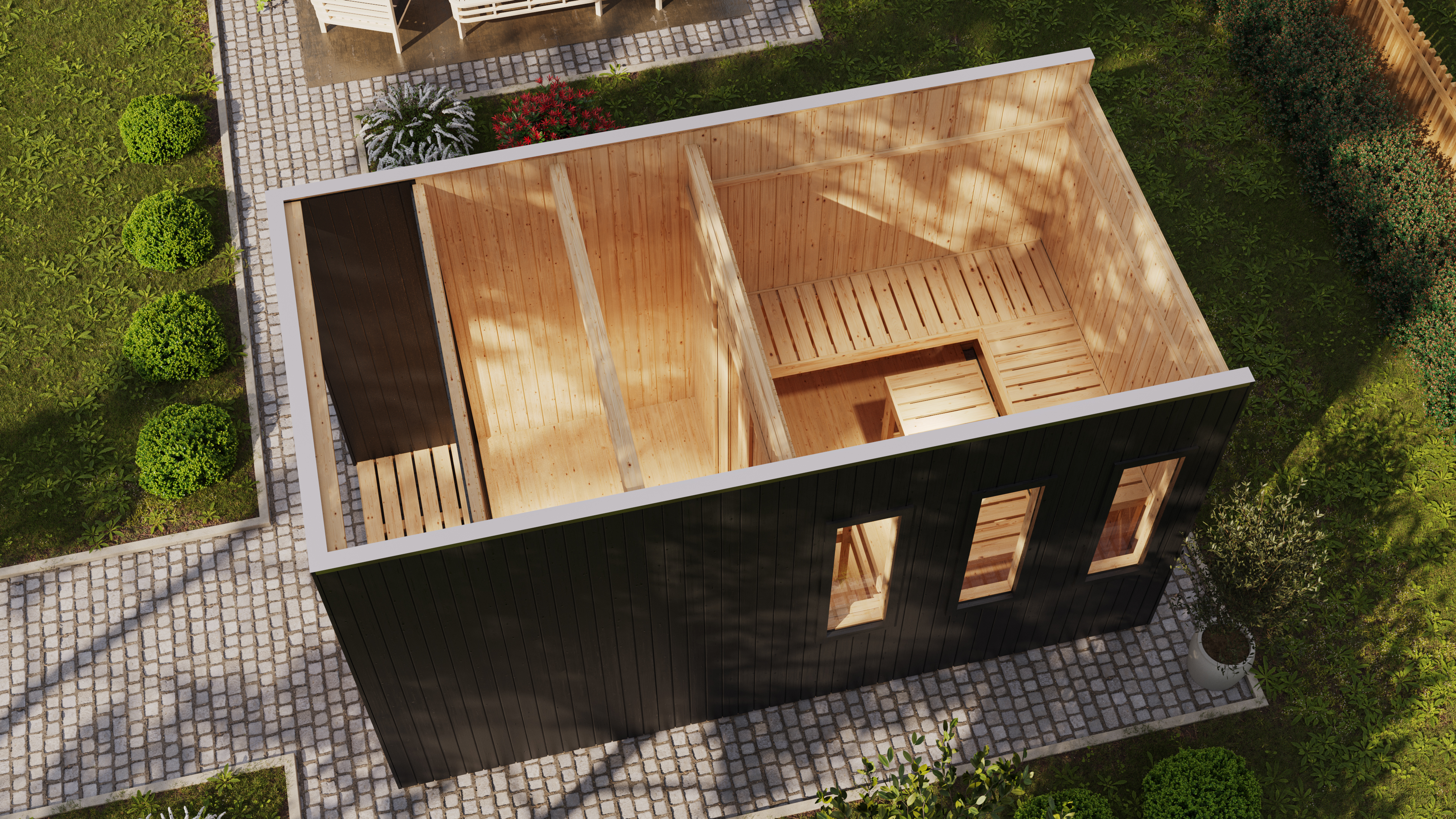 Karibu Saunahaus Miramar als Gartensauna aus Massivholz im Garten mit Glasfront
