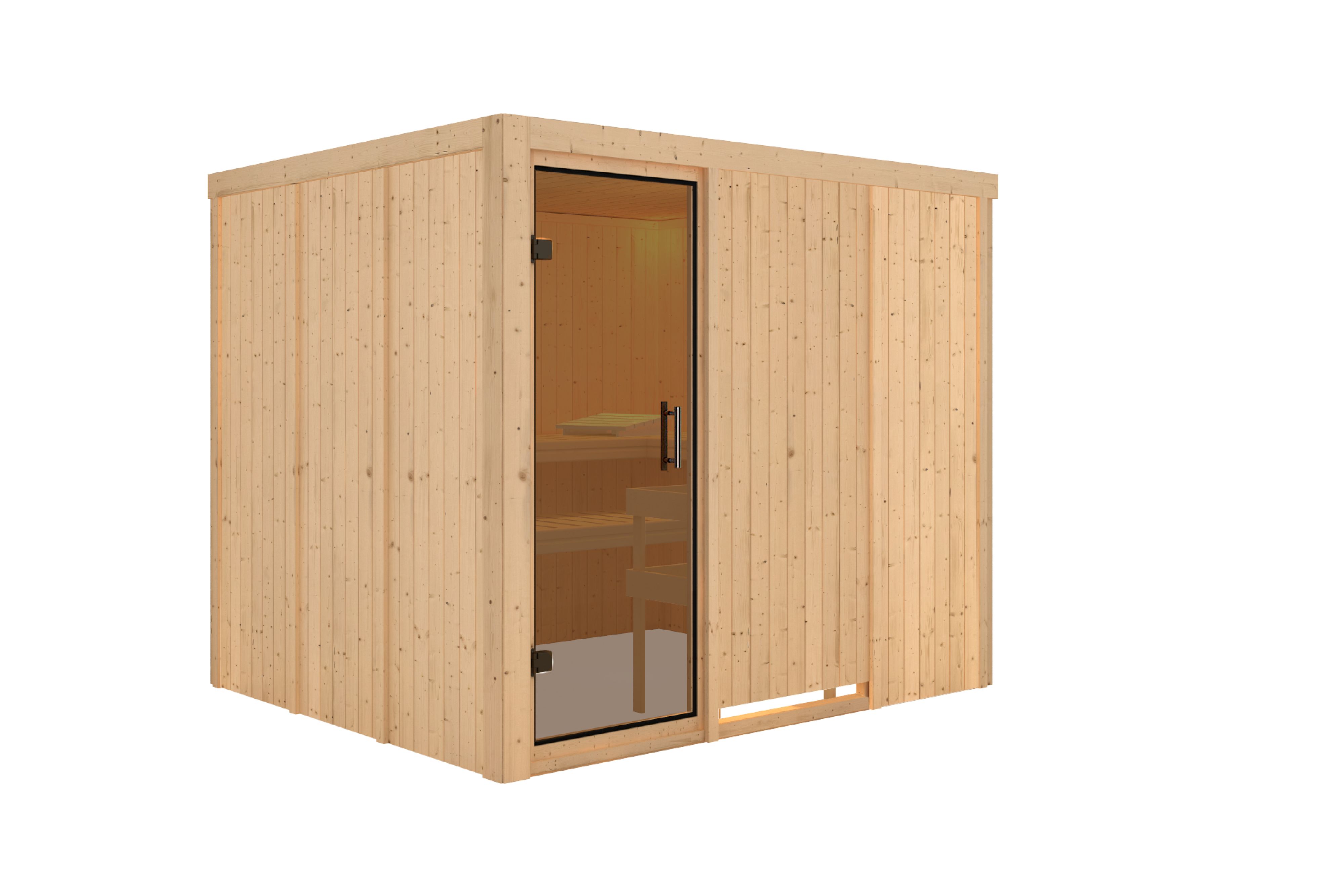Innenansicht der Karibu Sauna Gobin mit Liegen und Kopfstütze aus hellem Espenholz