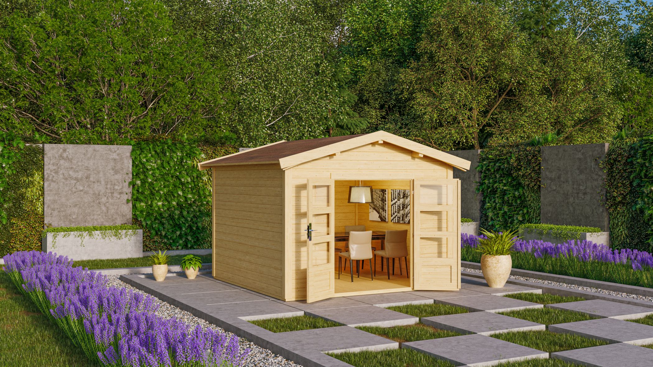 Karibu Gartenhaus Theres 7 mit Anbaudach im Garten