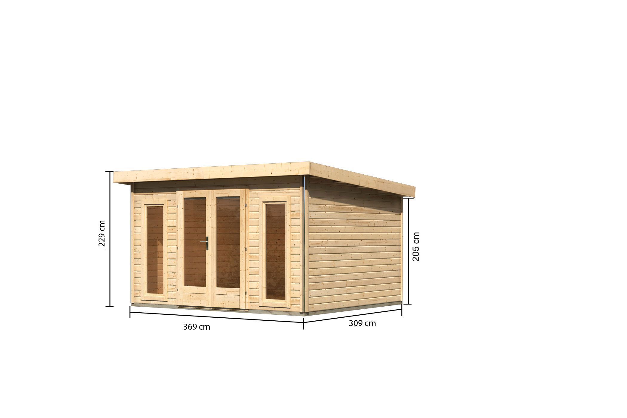 Bemaßte Maßzeichnung des Karibu Poolhaus Radeburg 2, 369 × 309 cm