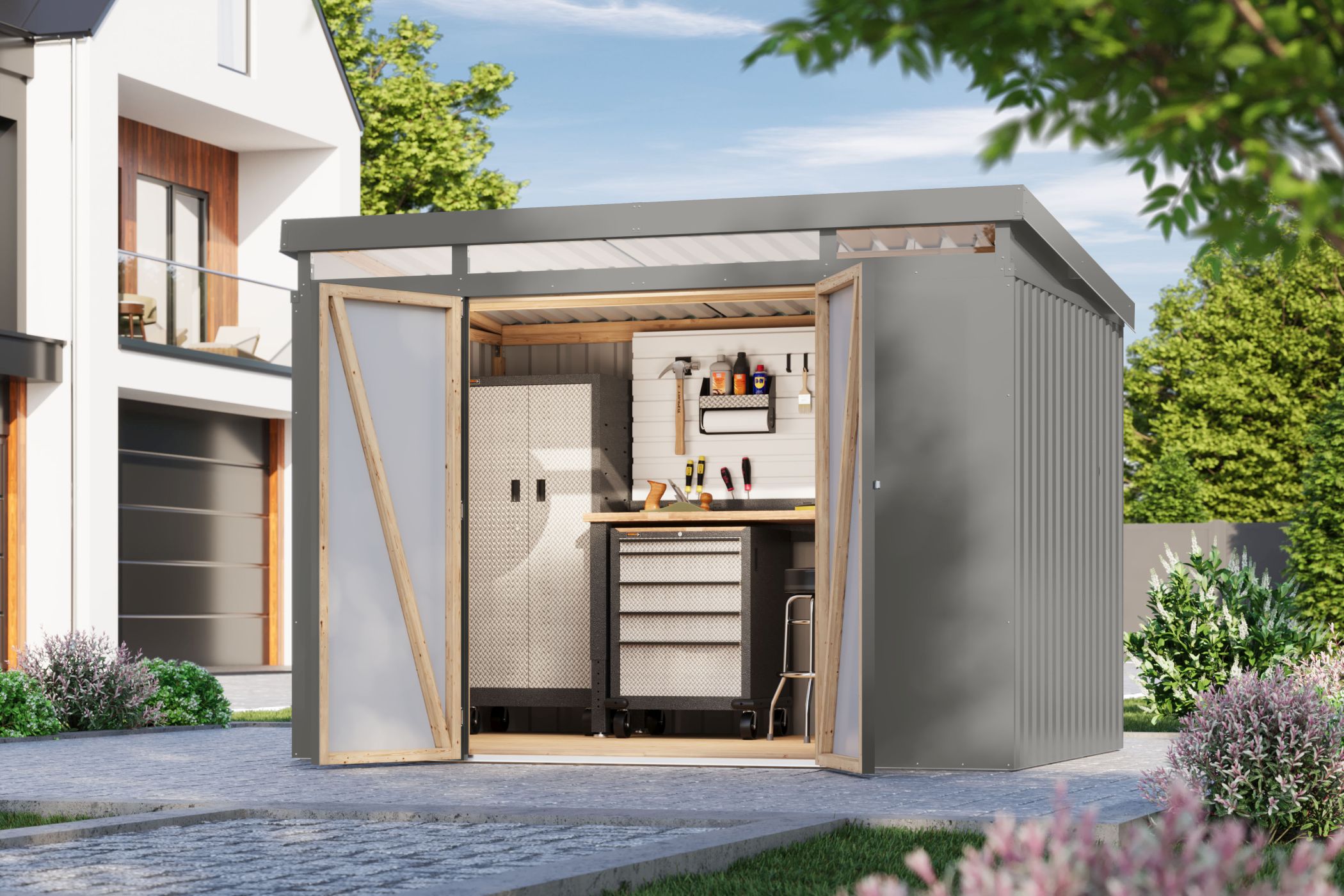 Karibu Gerätehaus aus Metall Iridium 3 in Graualuminium im Garten
