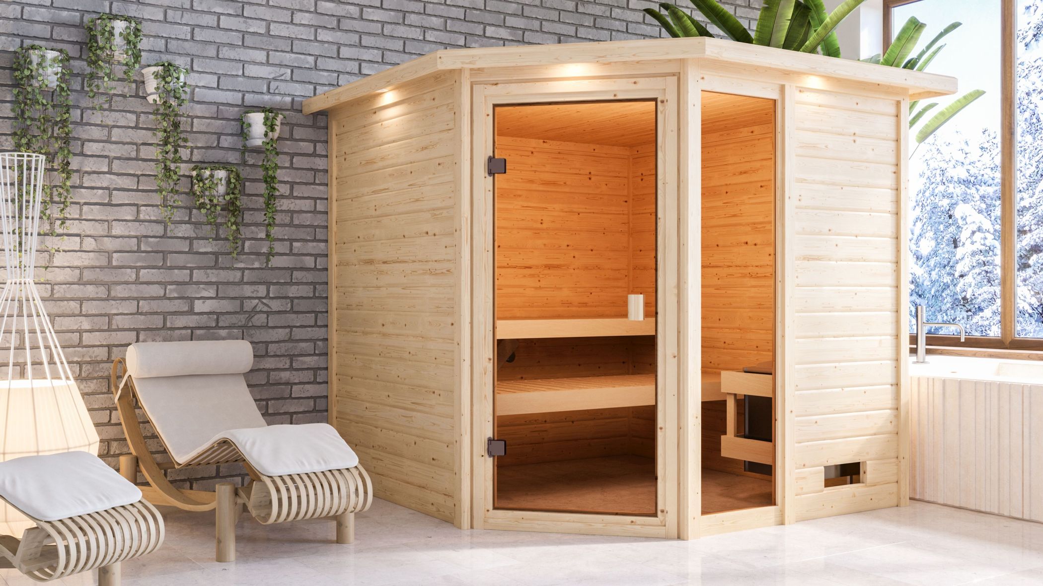 Karibu Sauna Tabea als hochwertige Sauna aus nordischer Fichte im Wohnraum-Ambiente