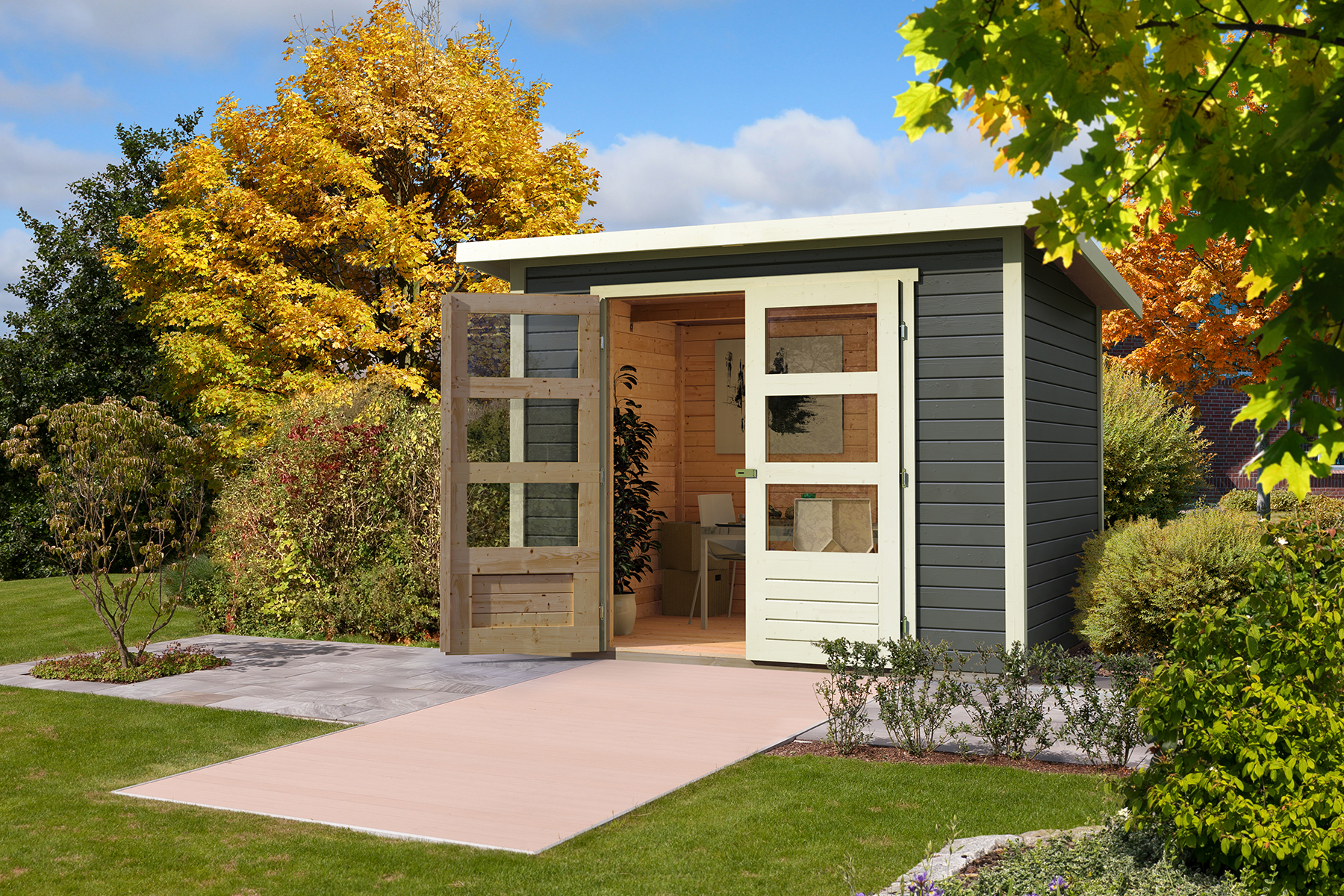 Karibu Gerätehaus Stockach 4 in Terragrau im Garten