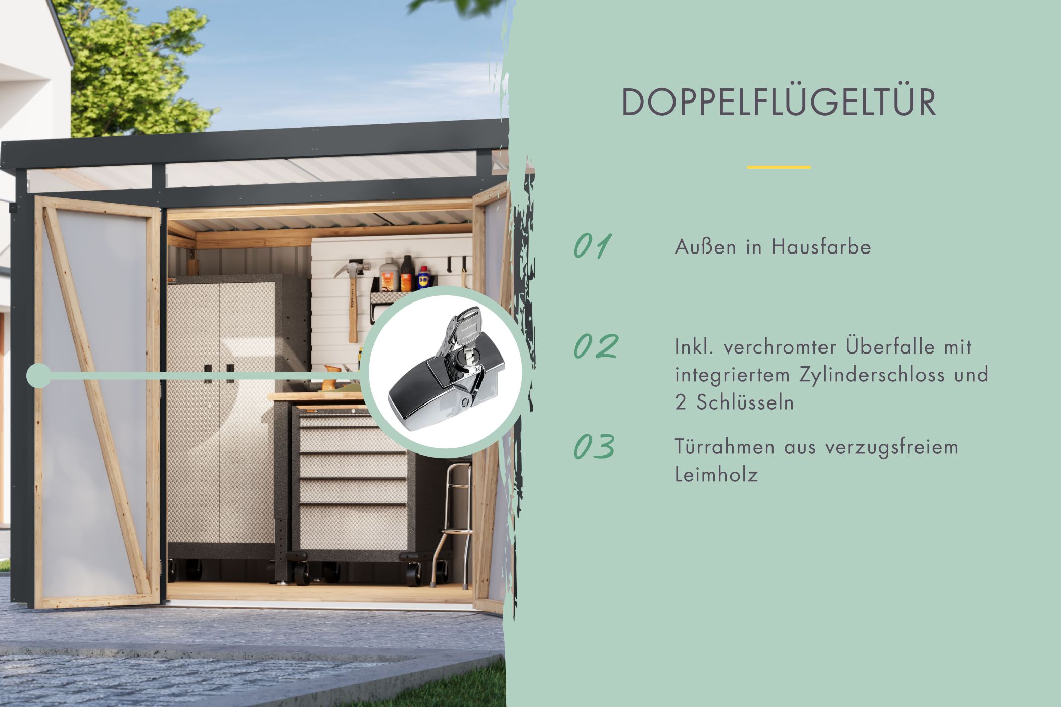 Doppelflügeltür des Karibu Gerätehaus aus Metall Iridium 2 mit Zylinderschloss und Kunstglas