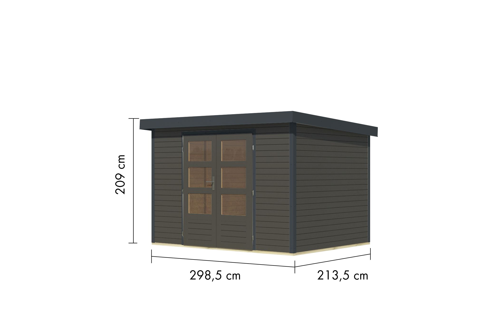 Bemaßte Maßzeichnung des Karibu Gartenhaus Holz & Metall Jupiter 4, 299 × 214 cm