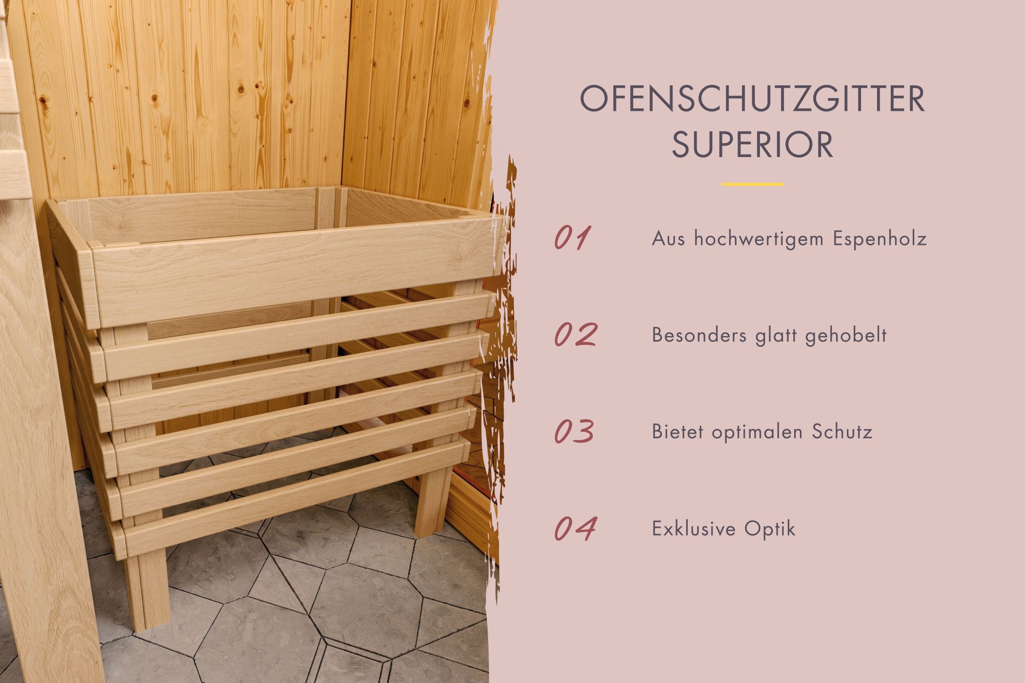 Ofenschutzgitter aus nordischer Fichte als Schutz vor dem Saunaofen einer Karibu Sauna
