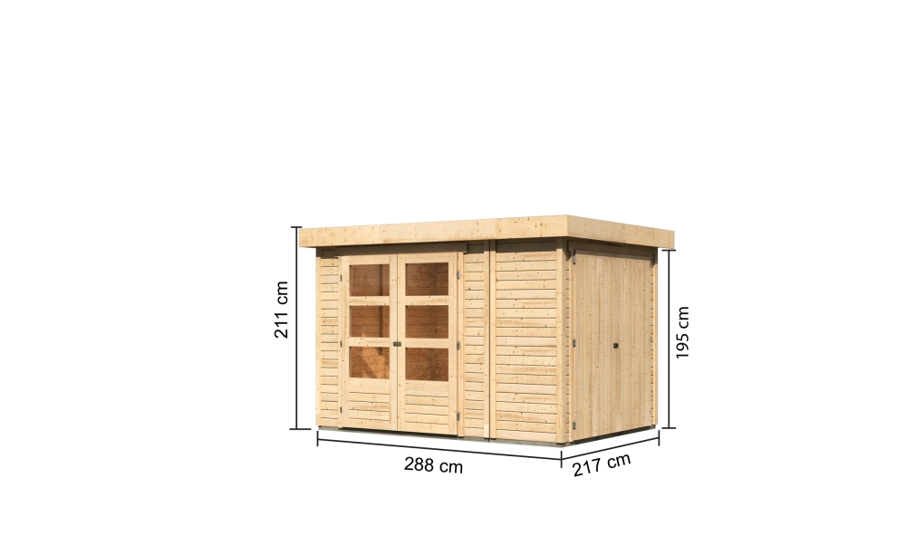Bemaßte Maßzeichnung des Karibu Gerätehaus Retola 2 mit Bemaßung