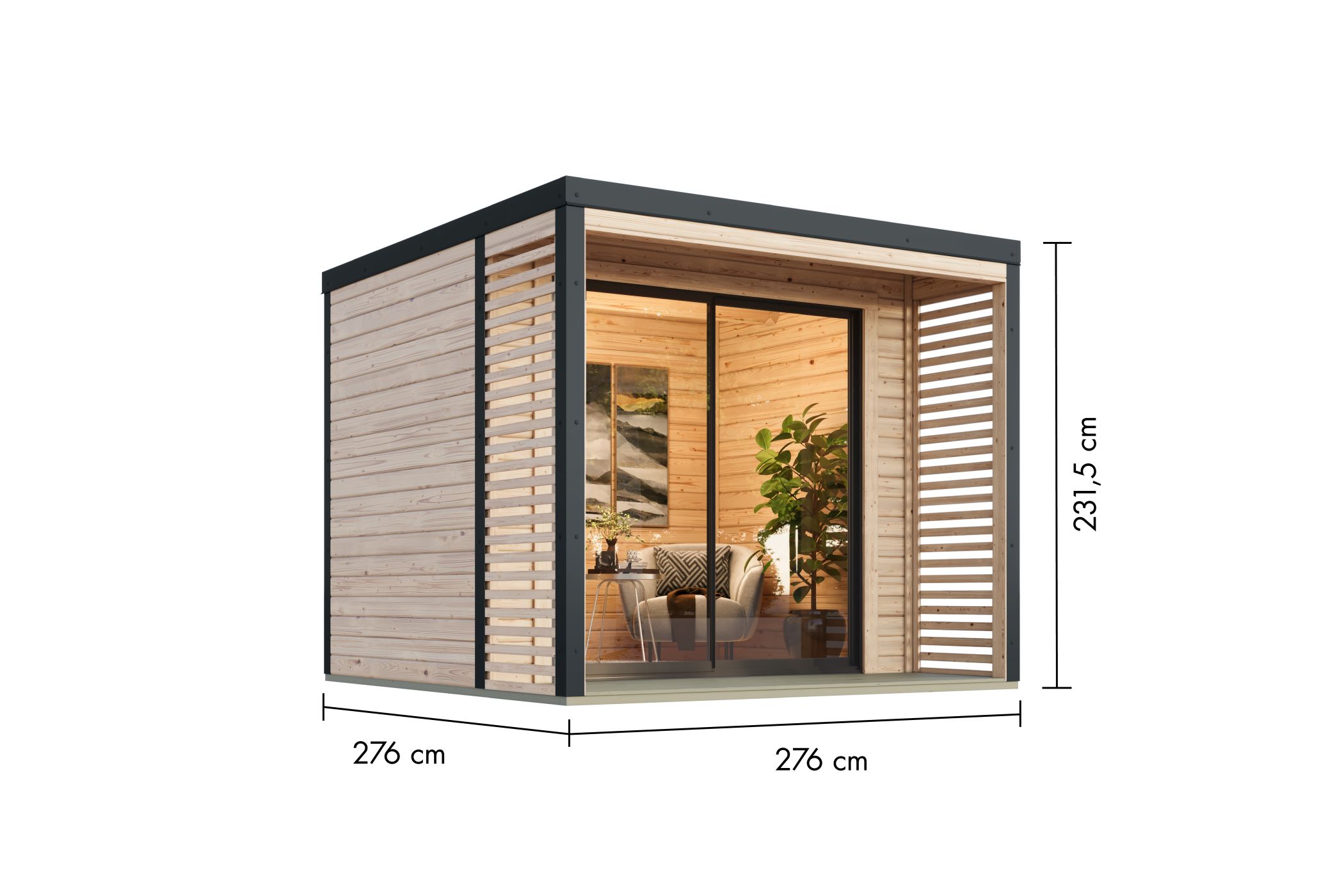 Bemaßte Maßzeichnung des Karibu Gartenhaus Holz & Metall Saturn, 276 × 276 cm