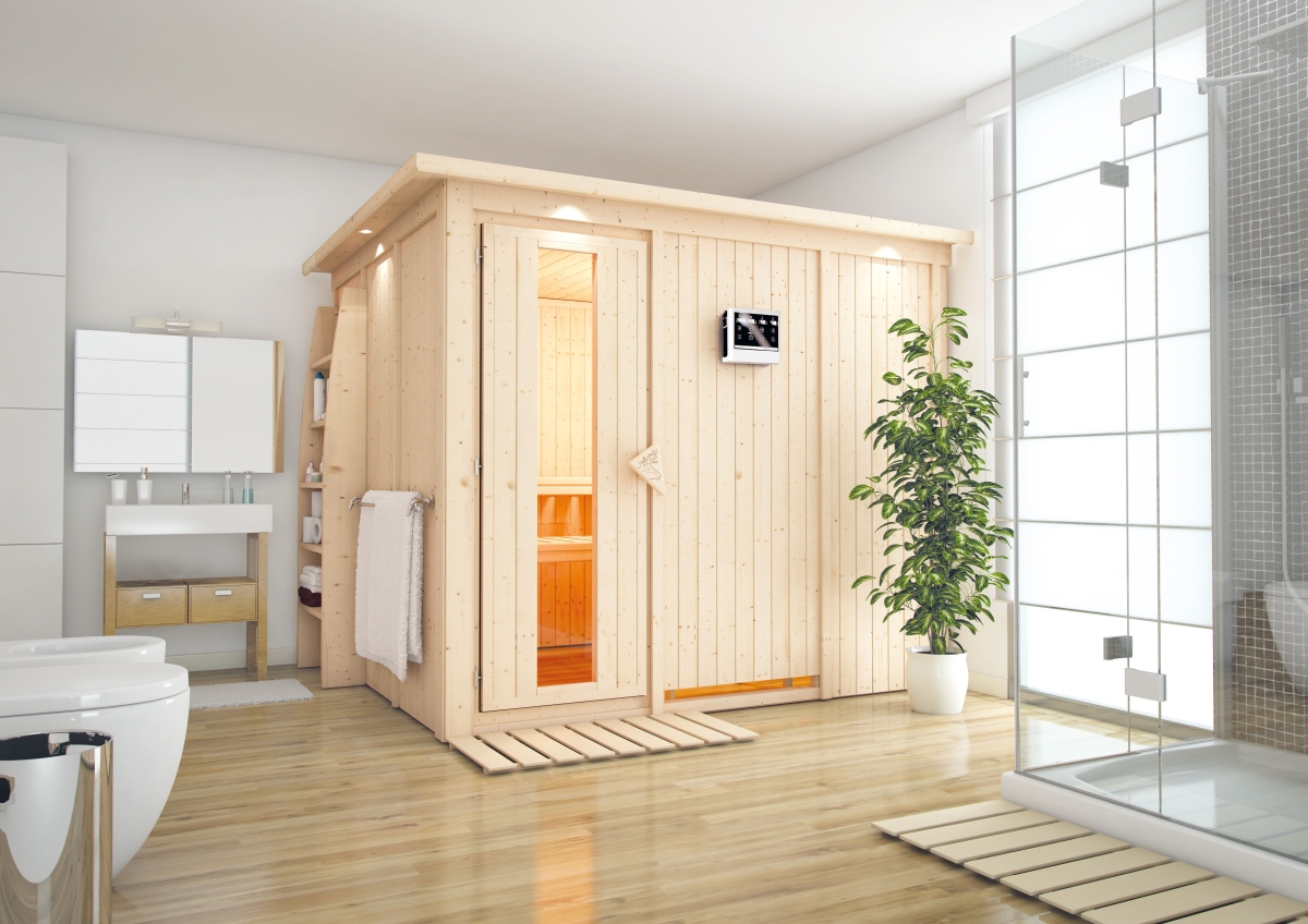 Karibu Sauna Gobin als hochwertige Sauna aus nordischer Fichte im Wohnraum-Ambiente
