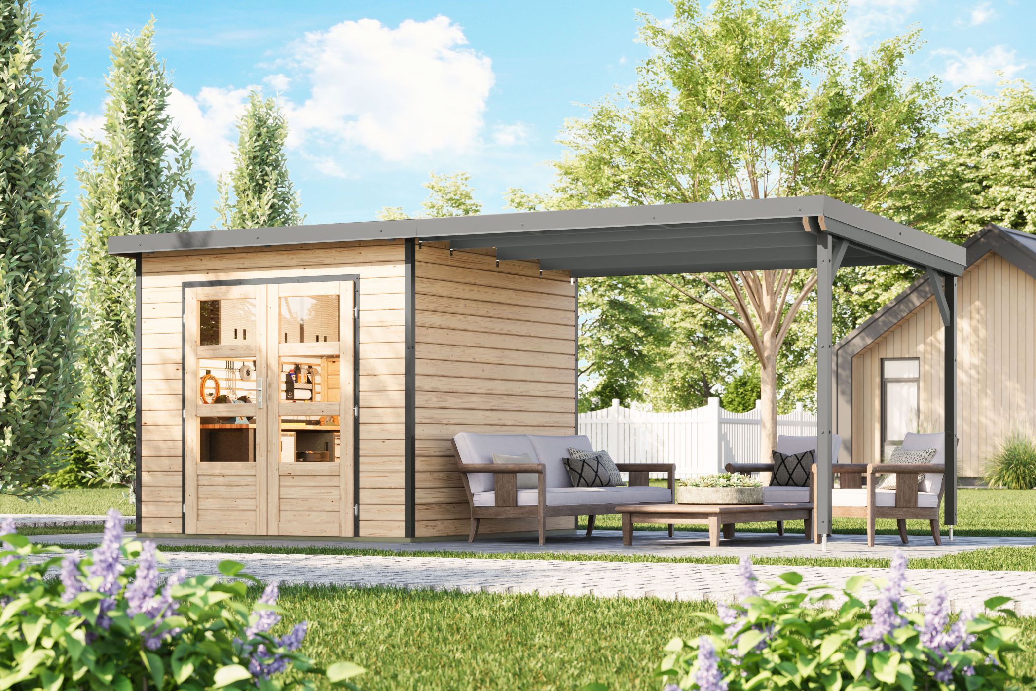 Karibu Gartenhaus Holz & Metall Pluto 3 in Naturbelassen mit Metall in Graualuminium und Anbaudach im Garten