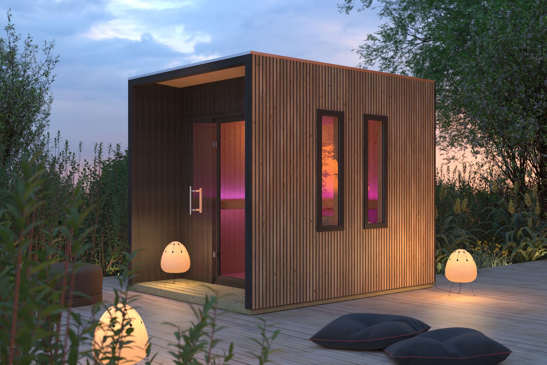 Karibu Saunahaus Laguna Douglasie als Gartensauna aus Massivholz im Garten mit Glasfront