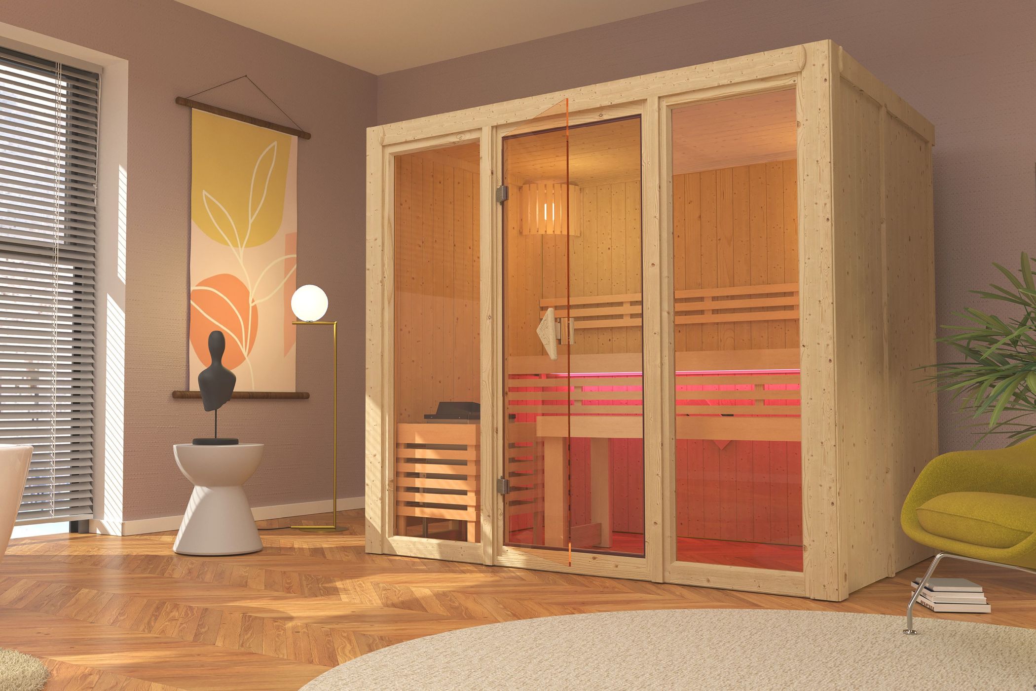 Karibu Sauna Avari 3 als hochwertige Sauna aus nordischer Fichte im Wohnraum-Ambiente