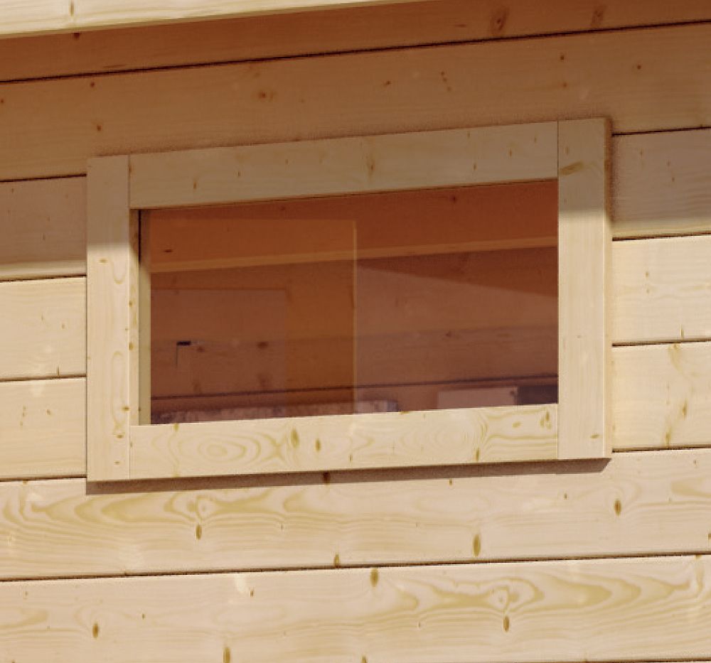 Karibu Längliches feststehendes Fenster, quer 38 mm aus Holz, im Garten aufgebaut