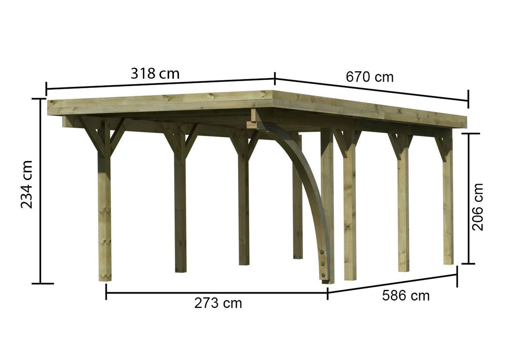 Maßzeichnung des Karibu Einzelcarport Classic 2 mit Dachmaß 318 × 670 cm und Durchfahrtshöhe 206 cm